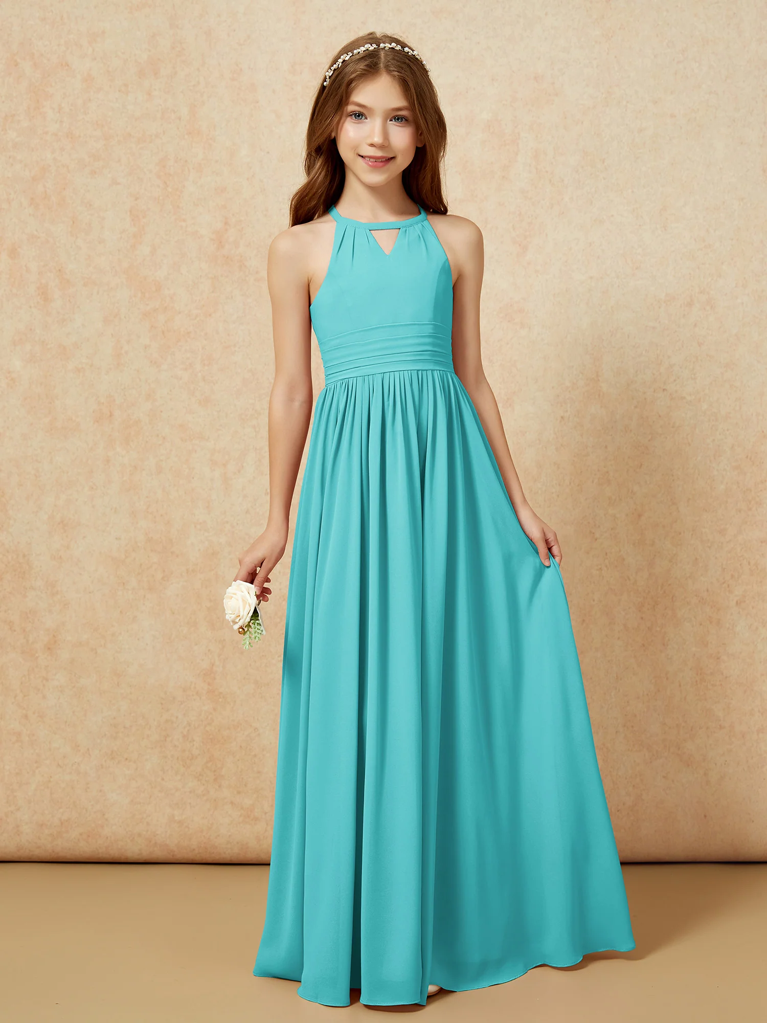 Halter Sleeveless Long Chiffon Junior Bridesmaid Dress Jade