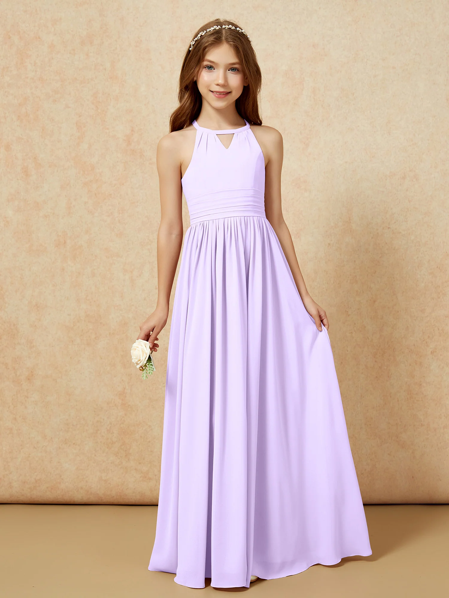 Halter Sleeveless Long Chiffon Junior Bridesmaid Dress Lilac