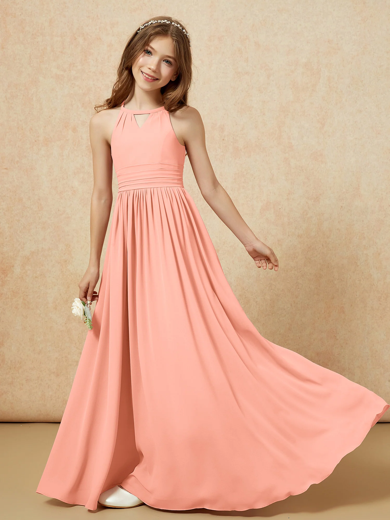 Halter Sleeveless Long Chiffon Junior Bridesmaid Dress Papaya - Image 6
