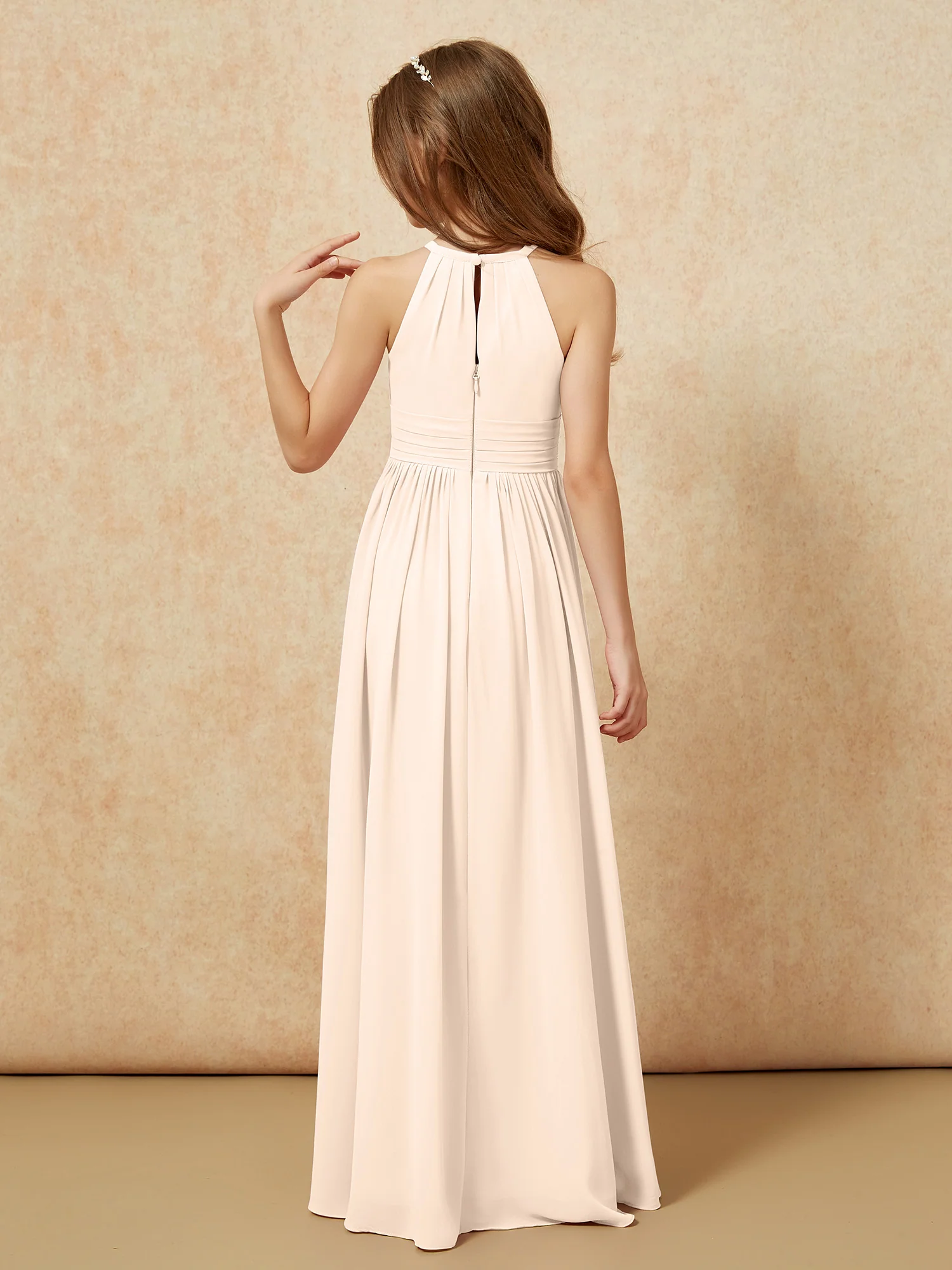 Halter Sleeveless Long Chiffon Junior Bridesmaid Dress Peach - Image 2