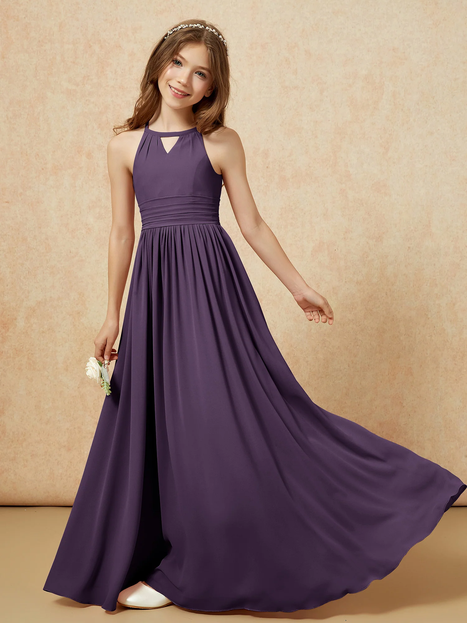Halter Sleeveless Long Chiffon Junior Bridesmaid Dress Plum - Image 6