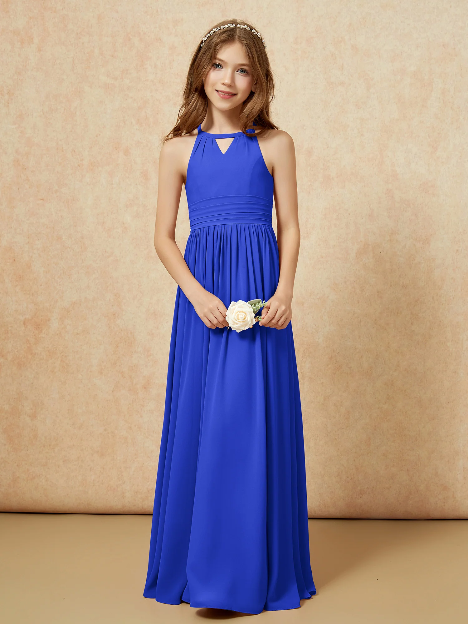 Halter Sleeveless Long Chiffon Junior Bridesmaid Dress Royal Blue - Image 5