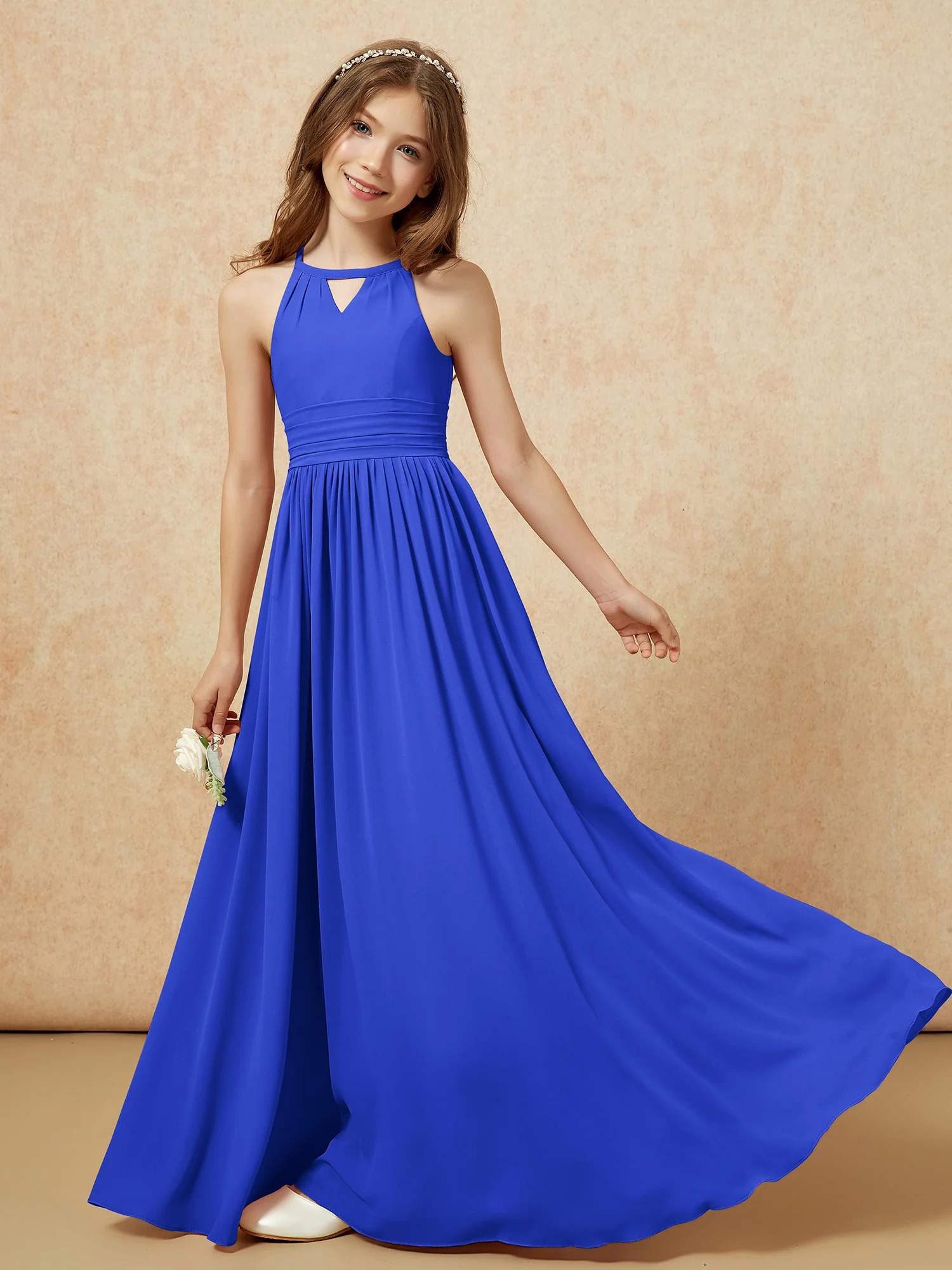 Halter Sleeveless Long Chiffon Junior Bridesmaid Dress Royal Blue - Image 6
