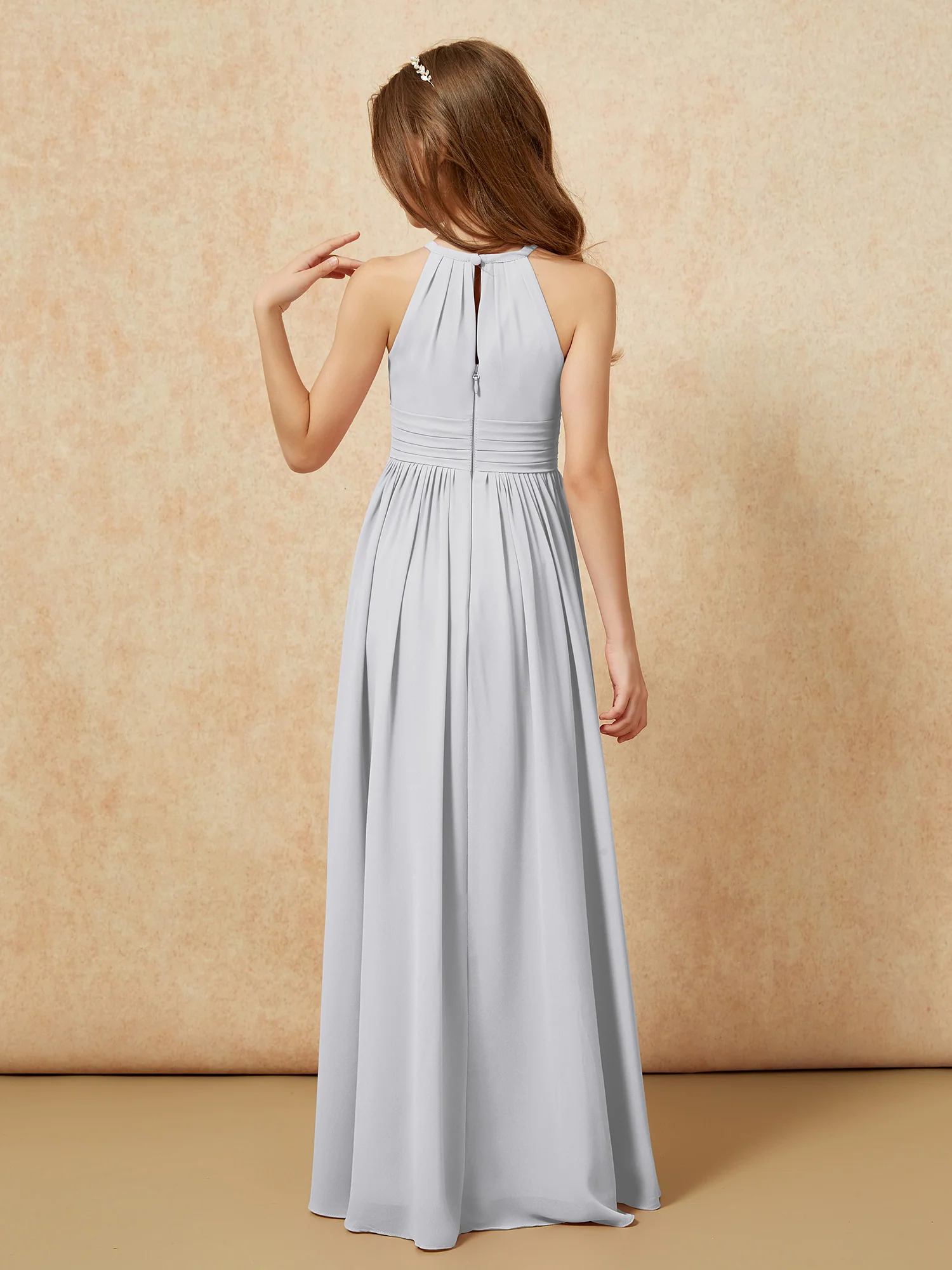 Halter Sleeveless Long Chiffon Junior Bridesmaid Dress Silver - Image 2