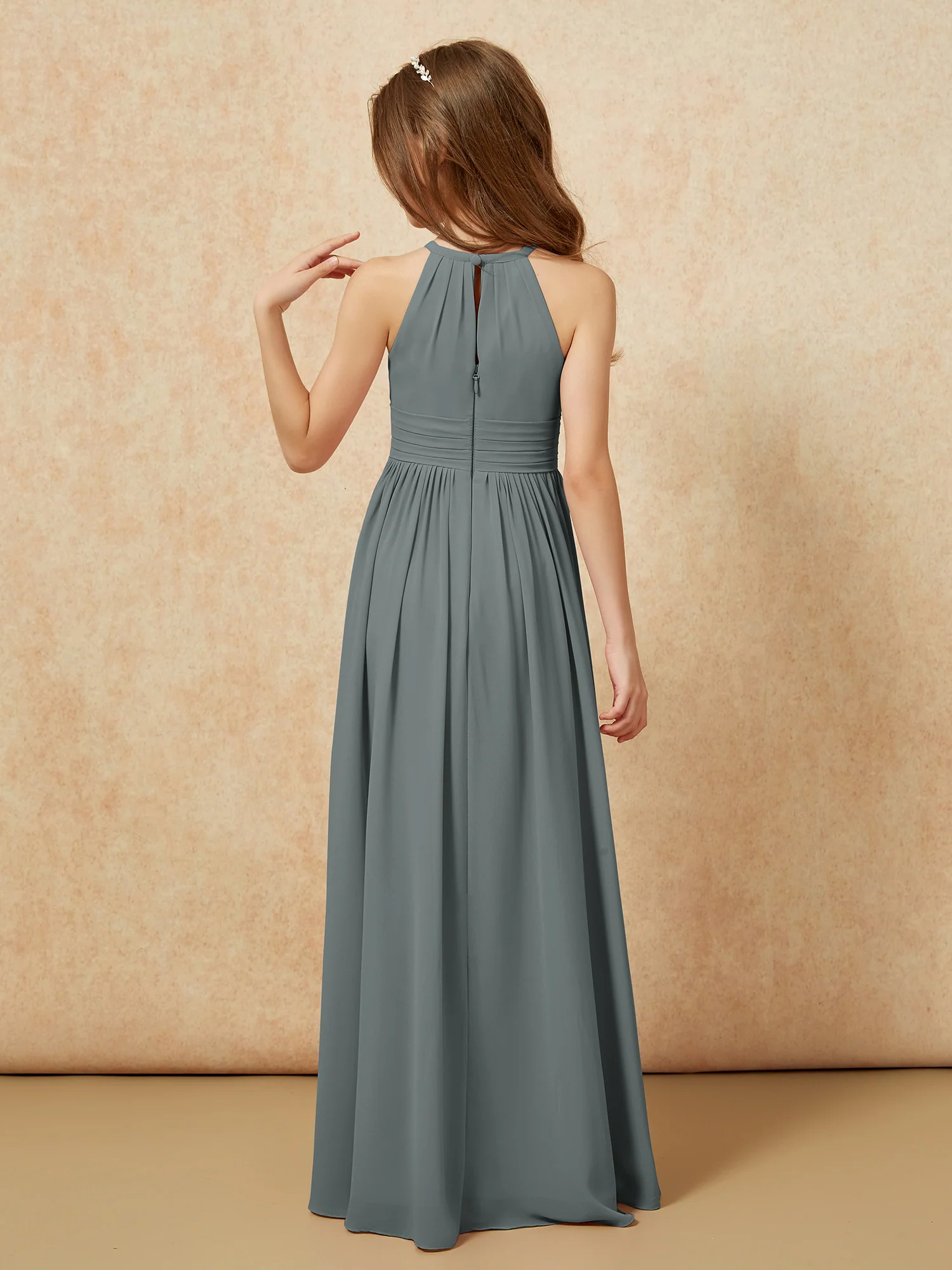 Halter Sleeveless Long Chiffon Junior Bridesmaid Dress Steel Grey - Image 2