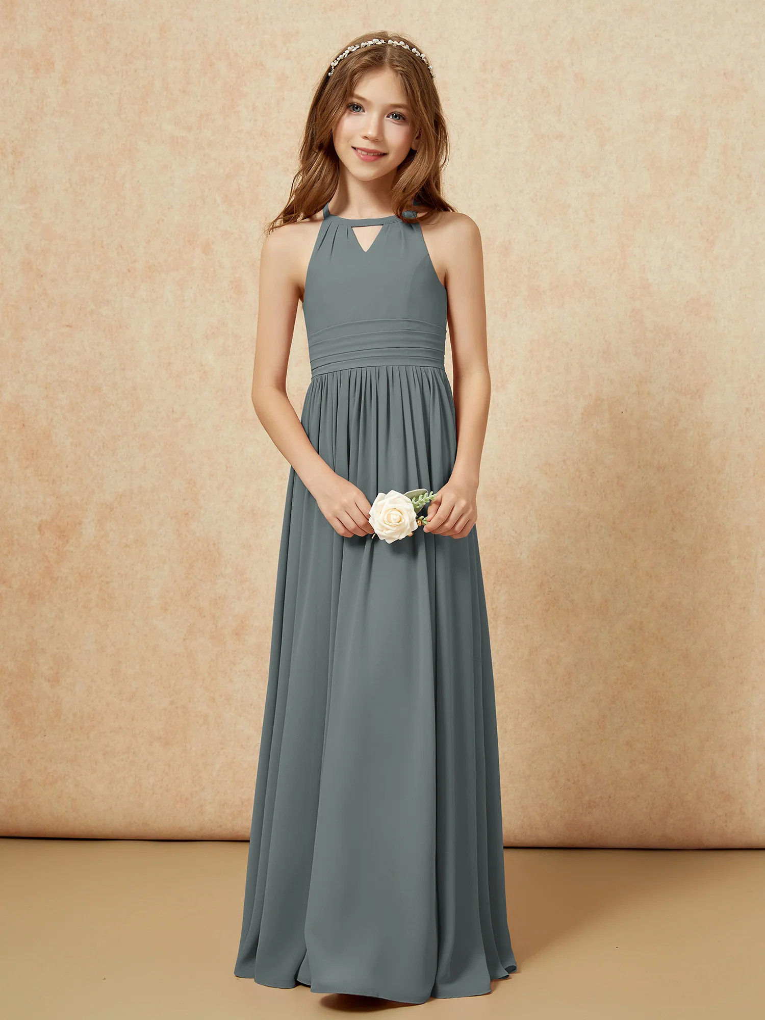 Halter Sleeveless Long Chiffon Junior Bridesmaid Dress Steel Grey - Image 5