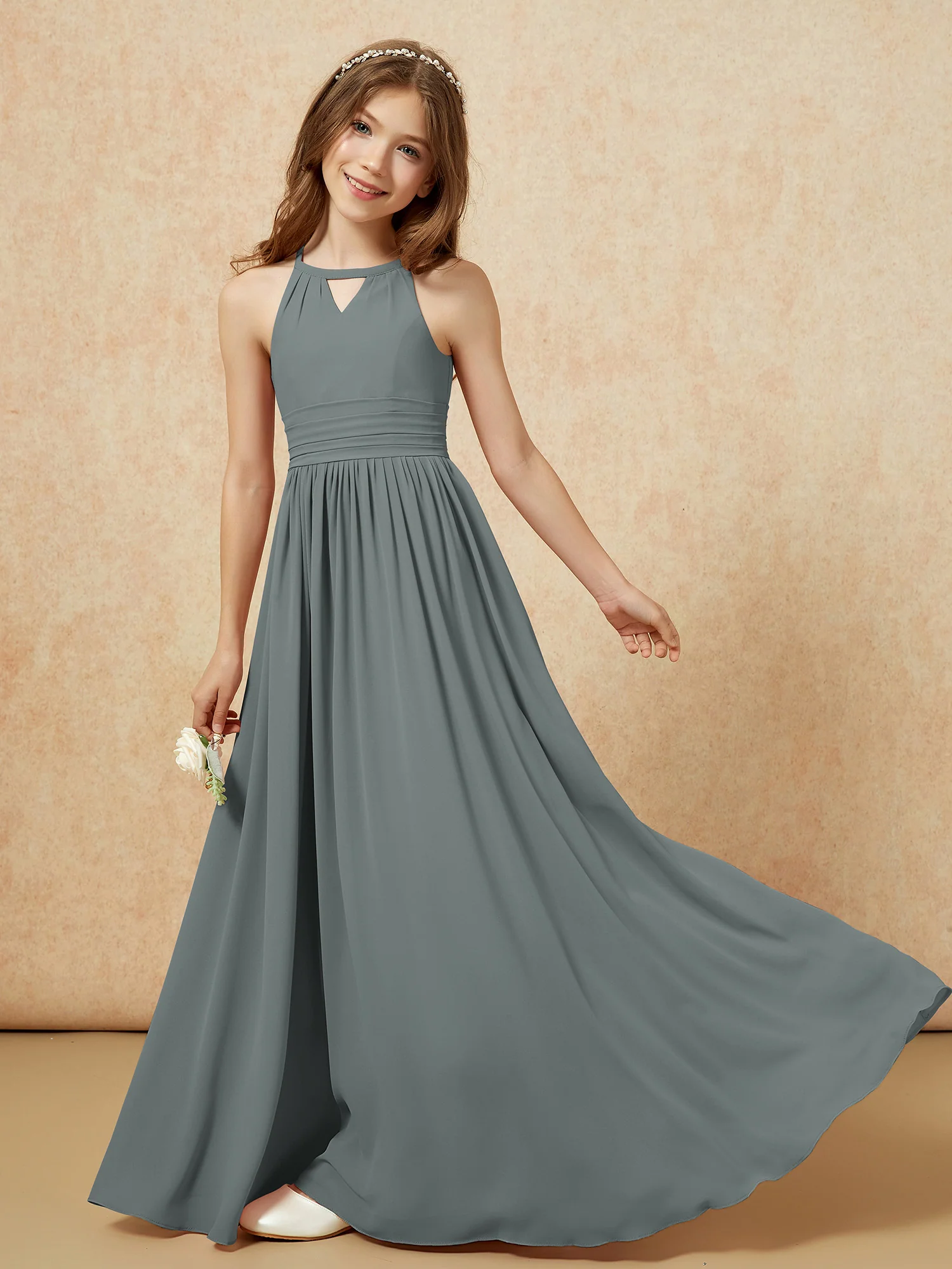 Halter Sleeveless Long Chiffon Junior Bridesmaid Dress Steel Grey - Image 6