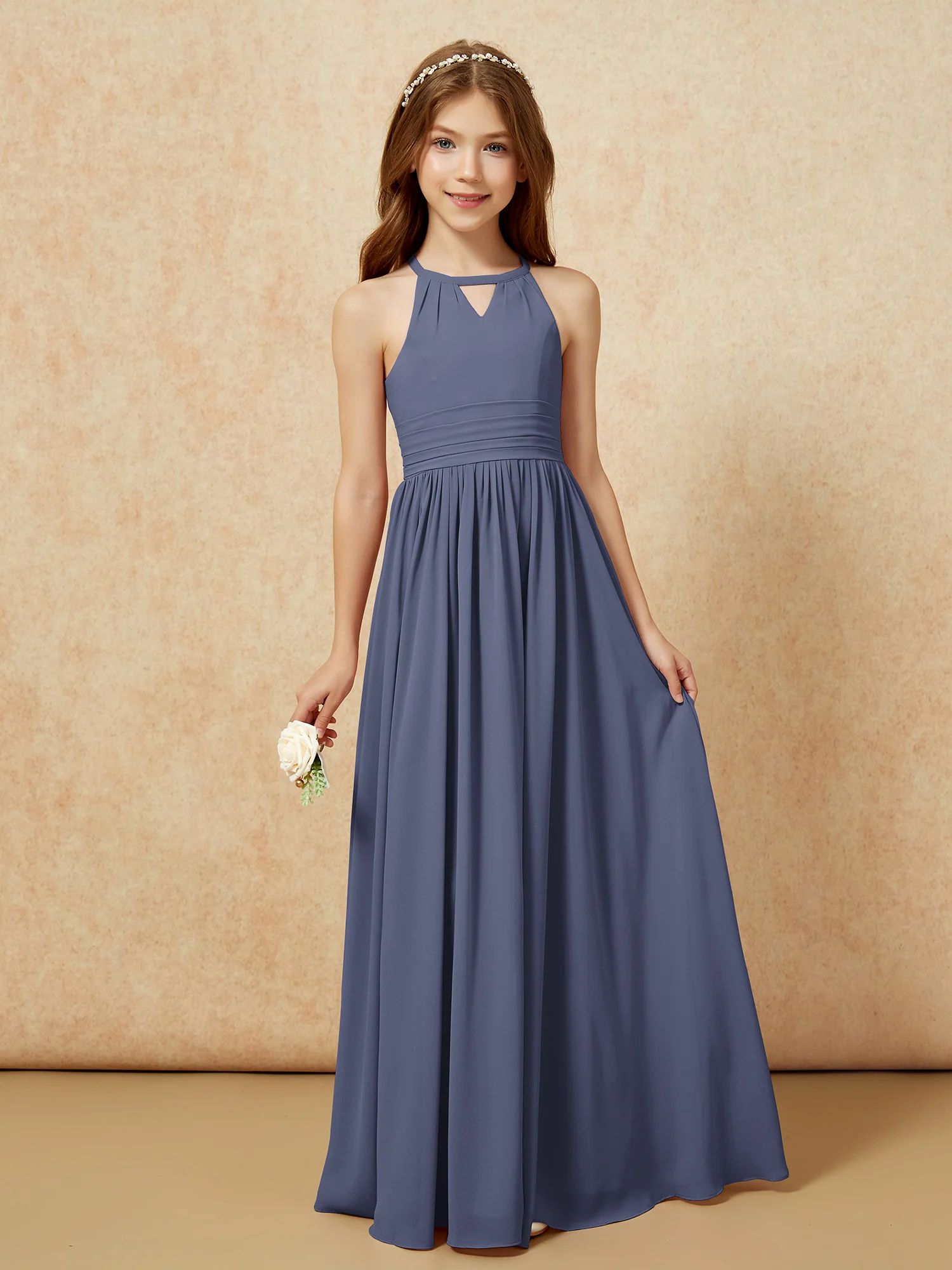 Halter Sleeveless Long Chiffon Junior Bridesmaid Dress Stormy