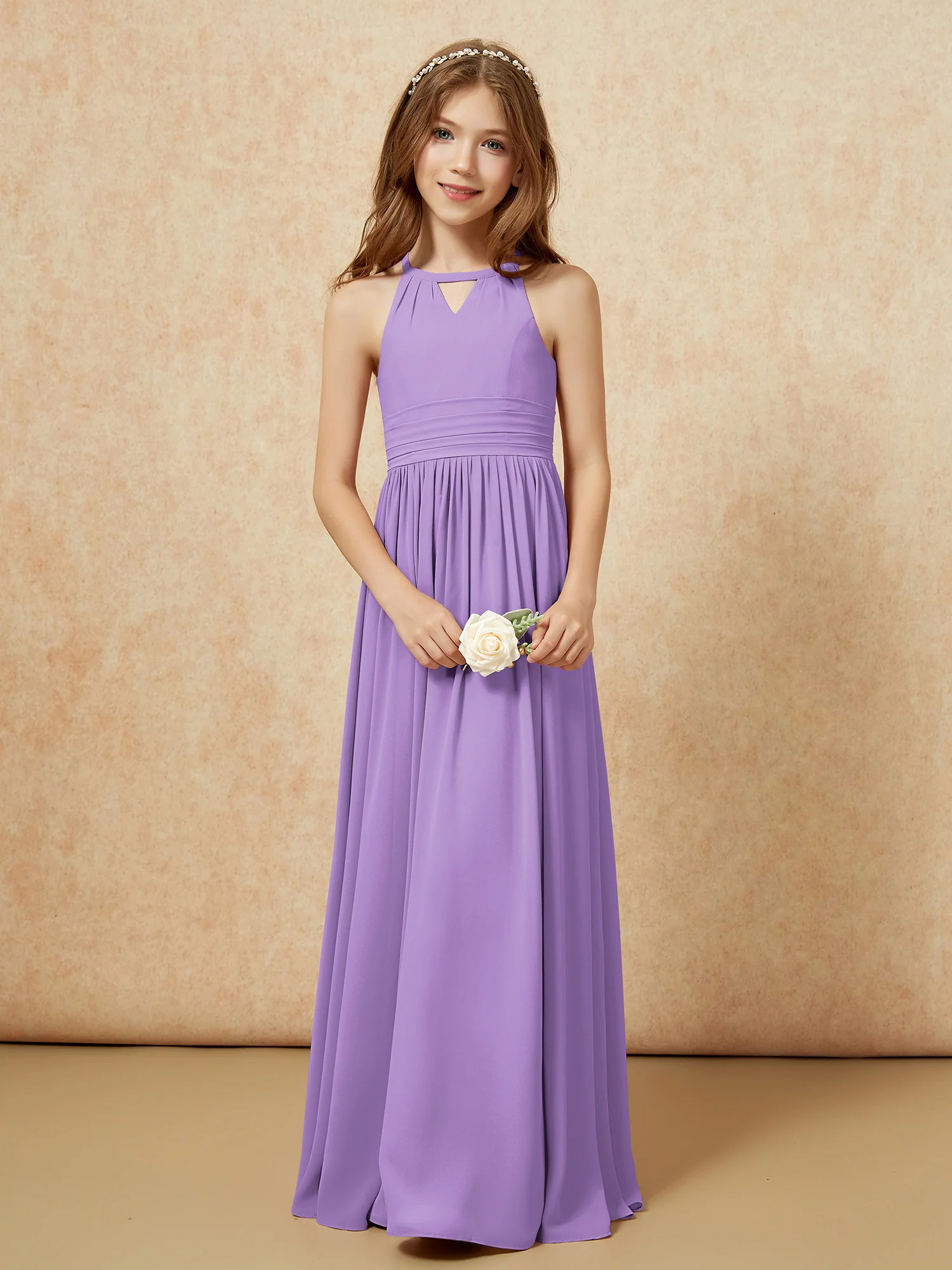 Halter Sleeveless Long Chiffon Junior Bridesmaid Dress Tahiti - Image 5