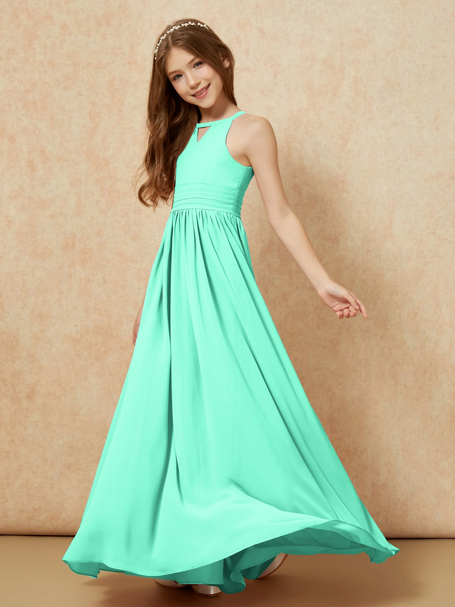 Halter Sleeveless Long Chiffon Junior Bridesmaid Dress Turquoise - Image 3