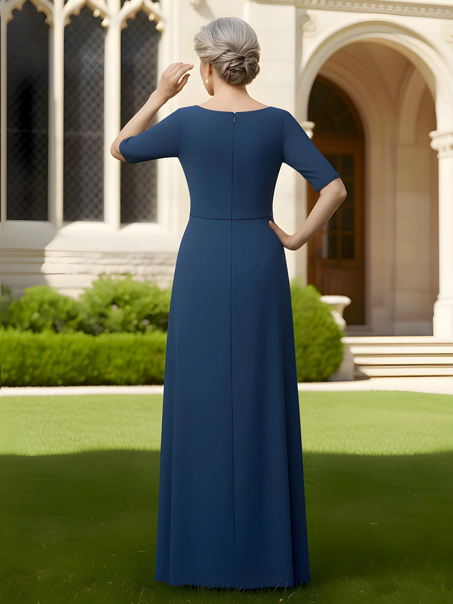 Elbow Sleeve Maxi Dress with Front Draped Skirt Detail Burgundy - Image 2
