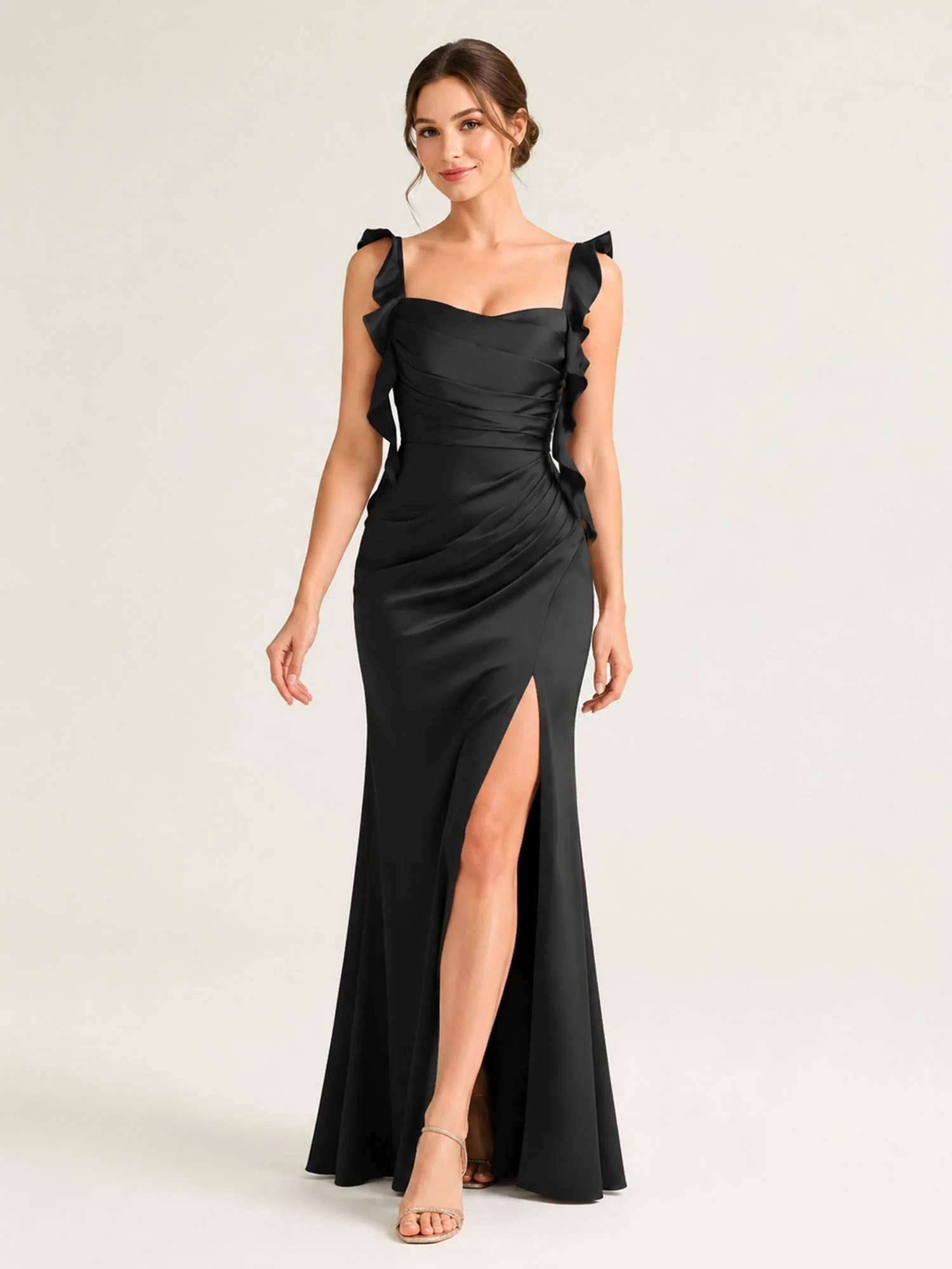Satin Maxi Gown with Ruffled Straps and Ruched Bodice Fuchsia