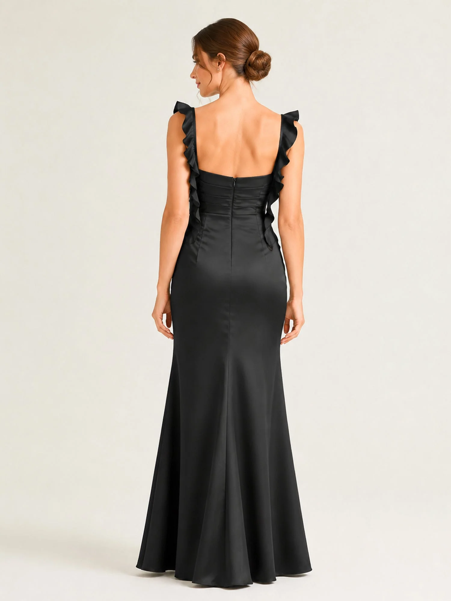 Satin Maxi Gown with Ruffled Straps and Ruched Bodice Teal - Image 2