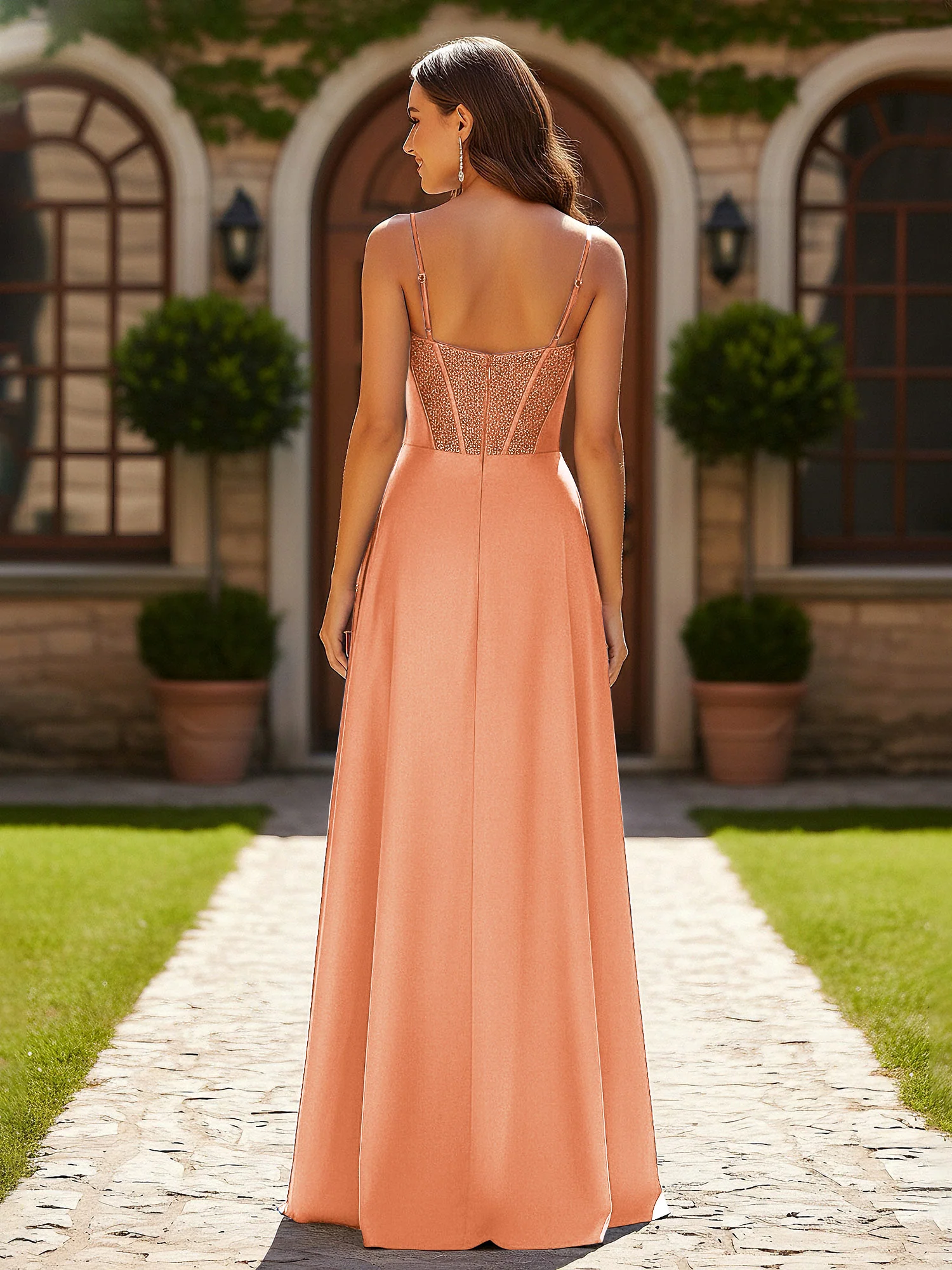 Beaded Corset Bodice Gown with High Leg Slit Papaya - Image 2