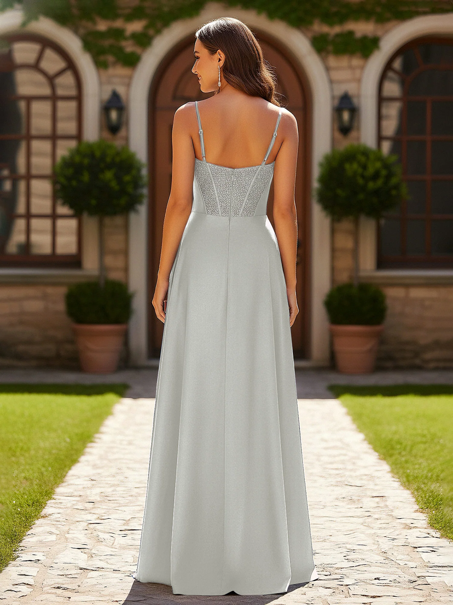 Beaded Corset Bodice Gown with High Leg Slit Silver - Image 2