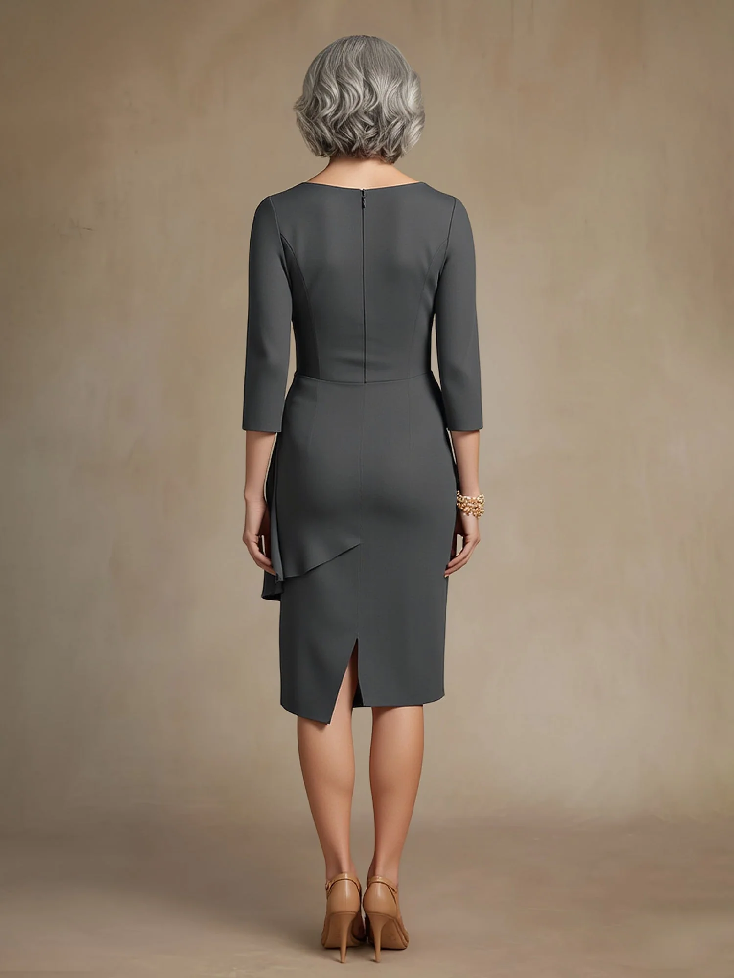Scoop Neck 3/4 Sleeves Knee-length Dress Ink Blue - Image 2