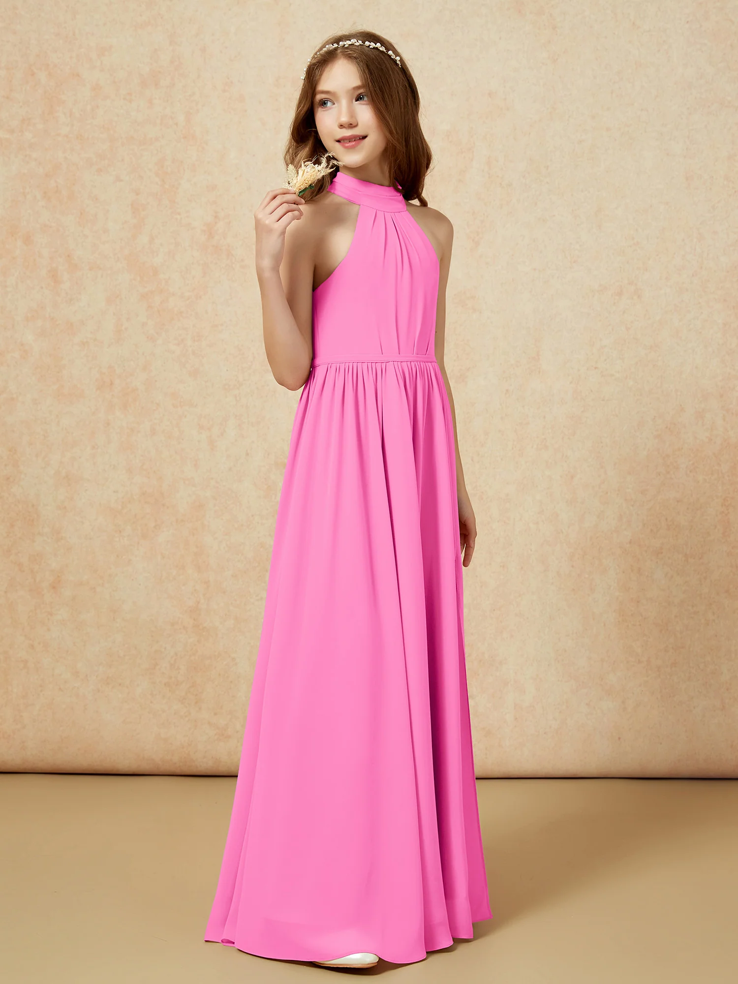 High Neck Long Junior Bridesmaid Dress With Slit Azalea - Image 5