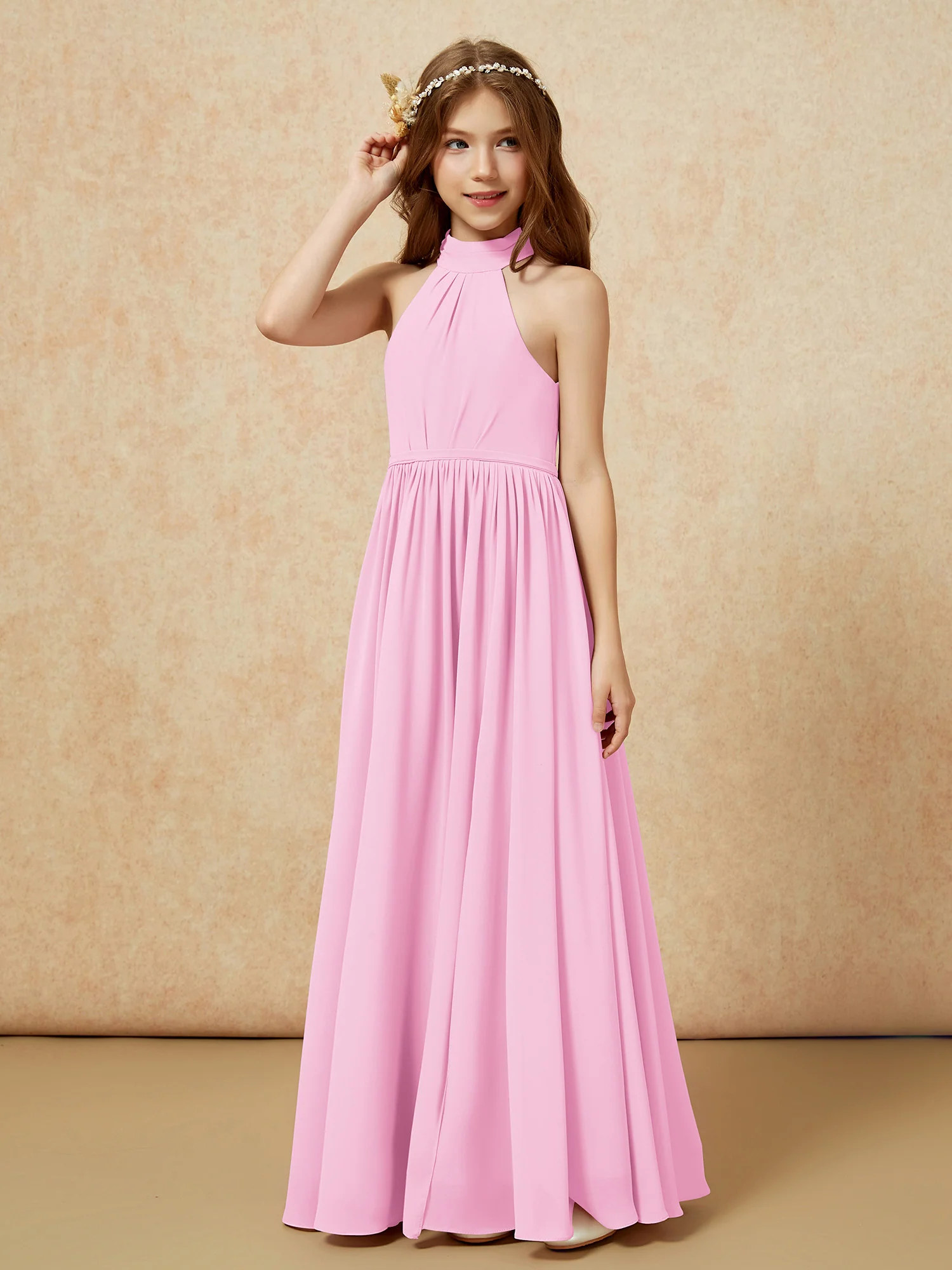 High Neck Long Junior Bridesmaid Dress With Slit Candy Pink - Image 6