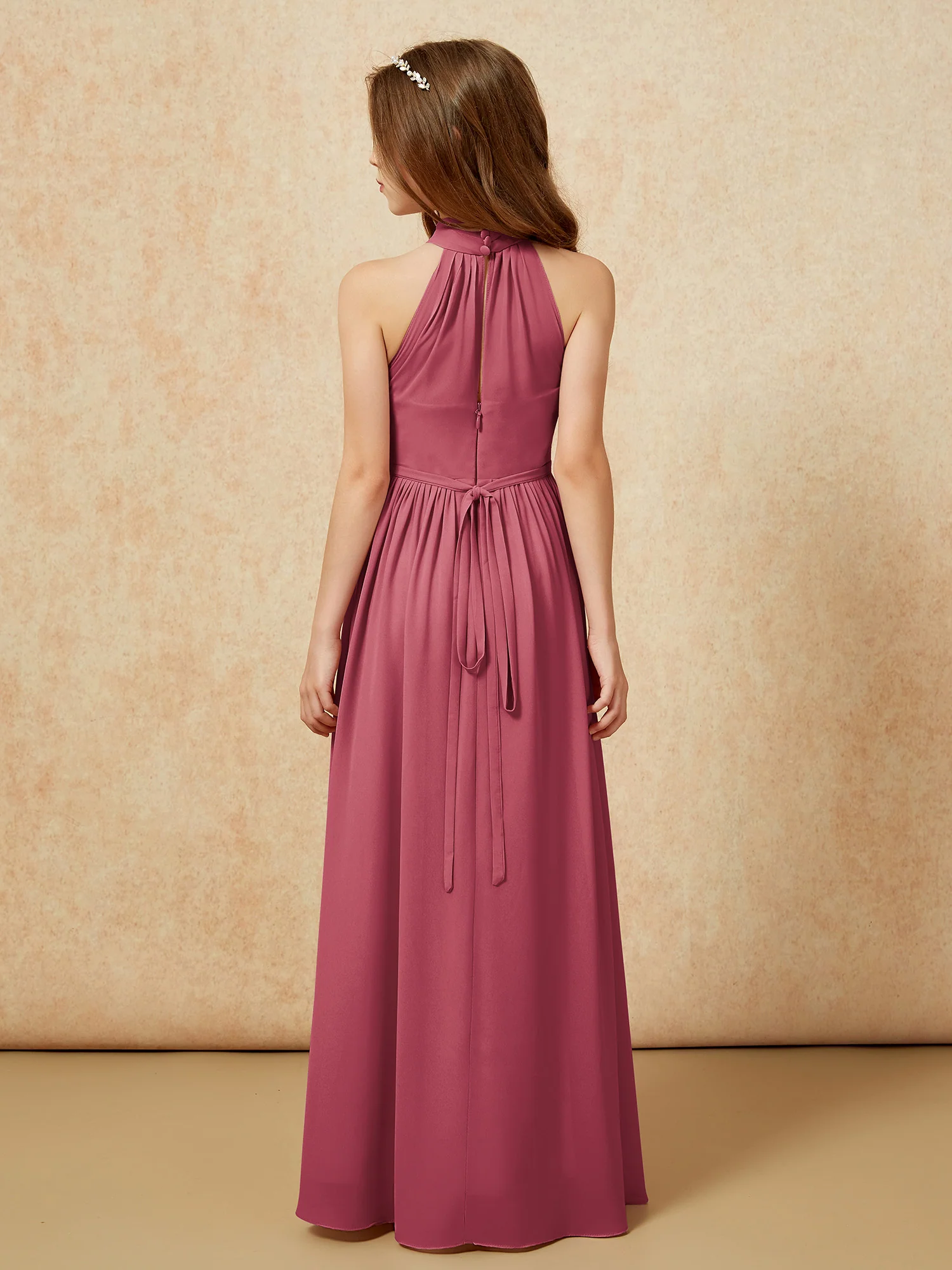 High Neck Long Junior Bridesmaid Dress With Slit Cinnamon Rose - Image 2