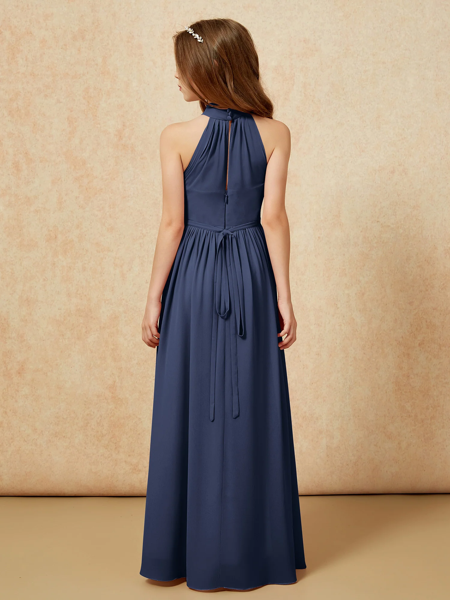 High Neck Long Junior Bridesmaid Dress With Slit Dark Navy - Image 2