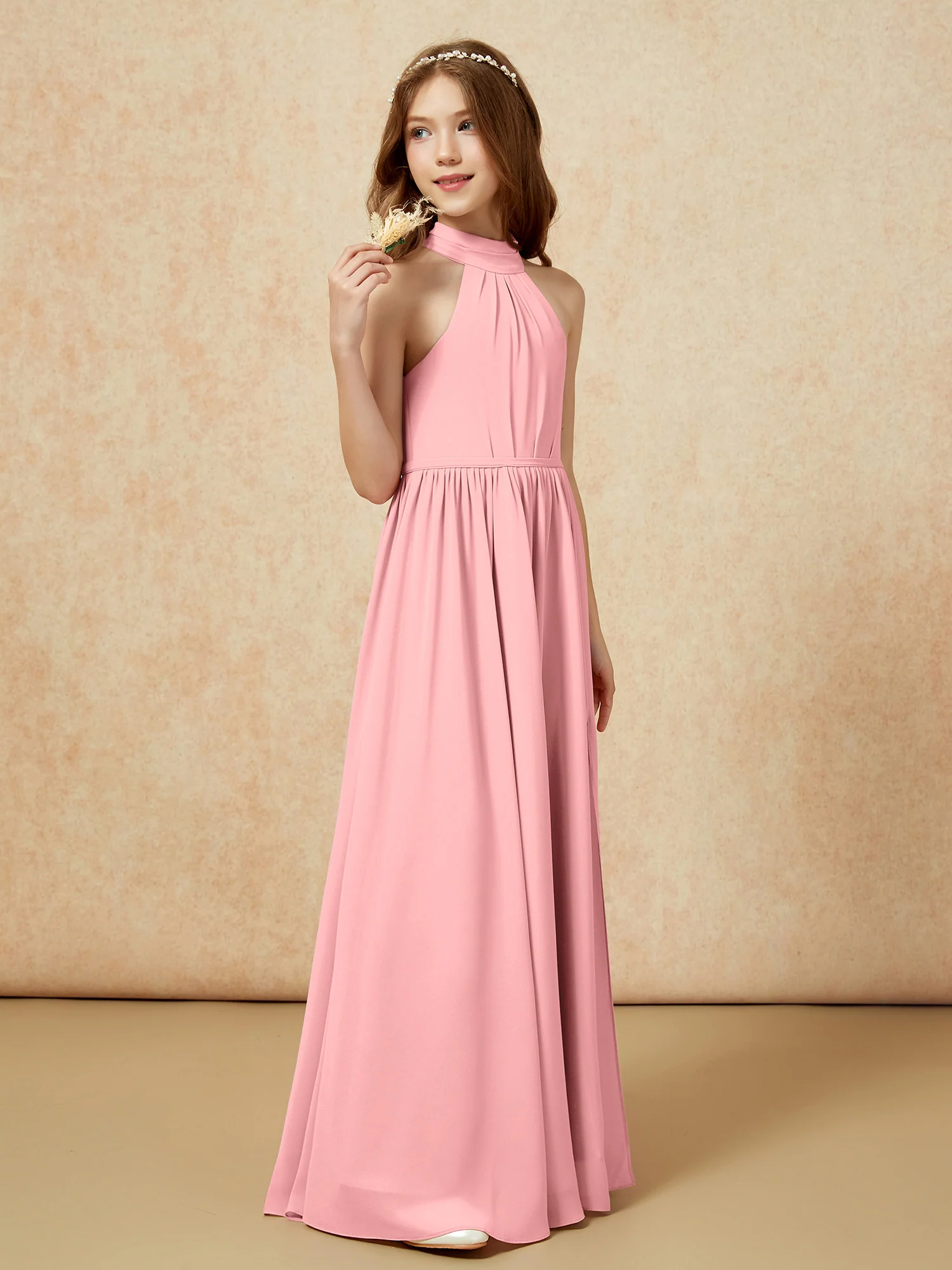 High Neck Long Junior Bridesmaid Dress With Slit Flamingo - Image 5
