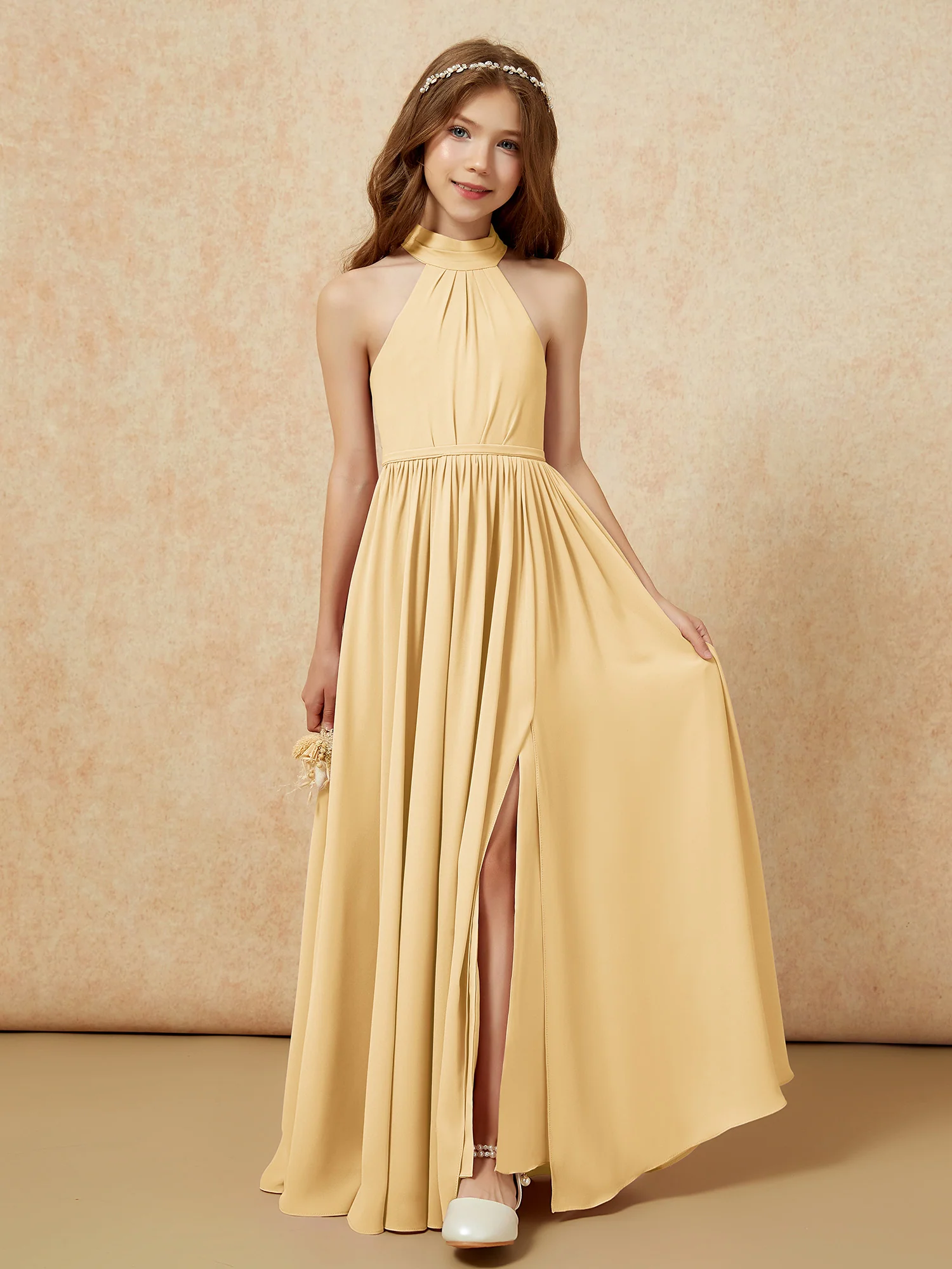 High Neck Long Junior Bridesmaid Dress With Slit Gold