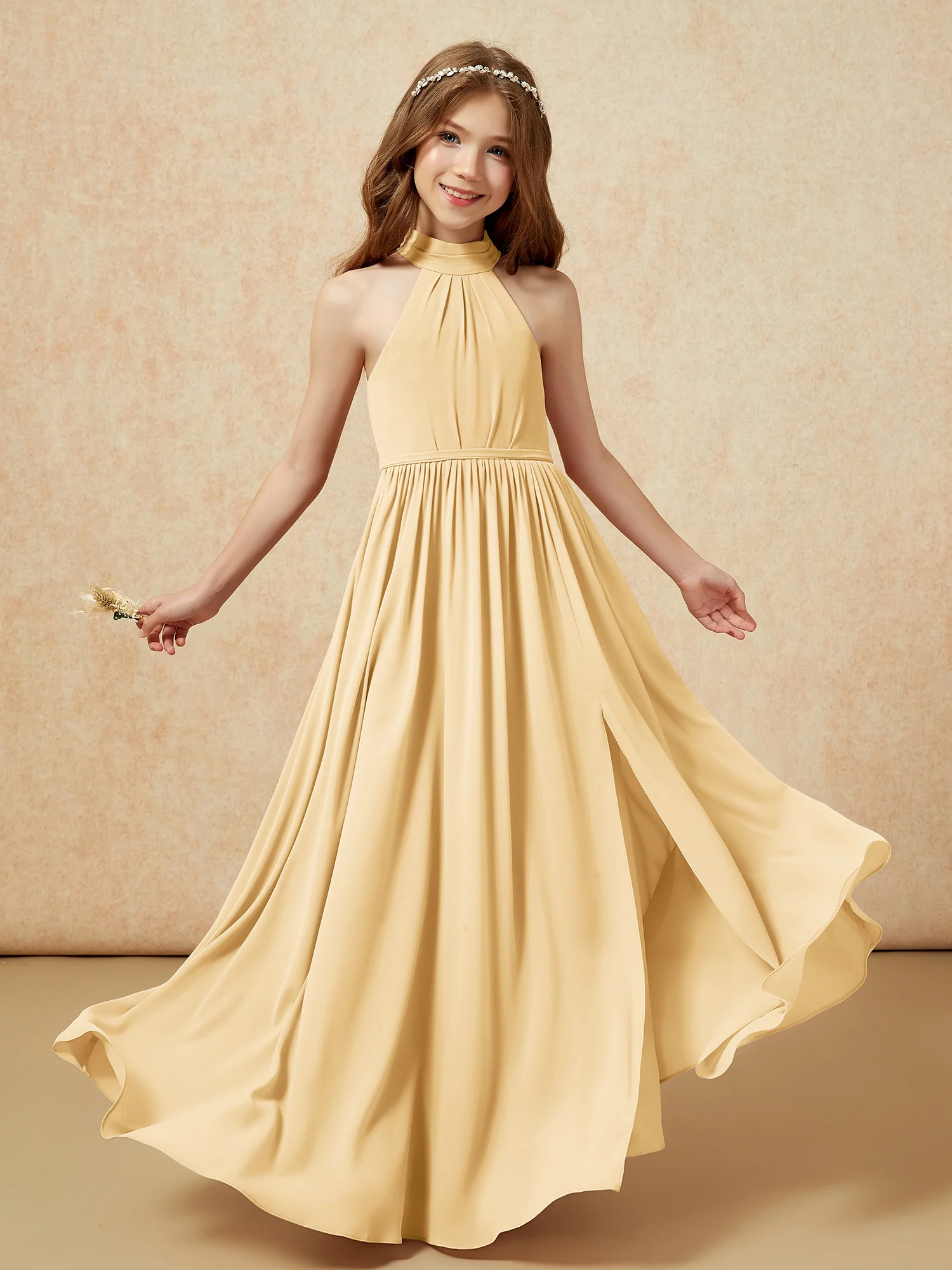 High Neck Long Junior Bridesmaid Dress With Slit Gold - Image 4