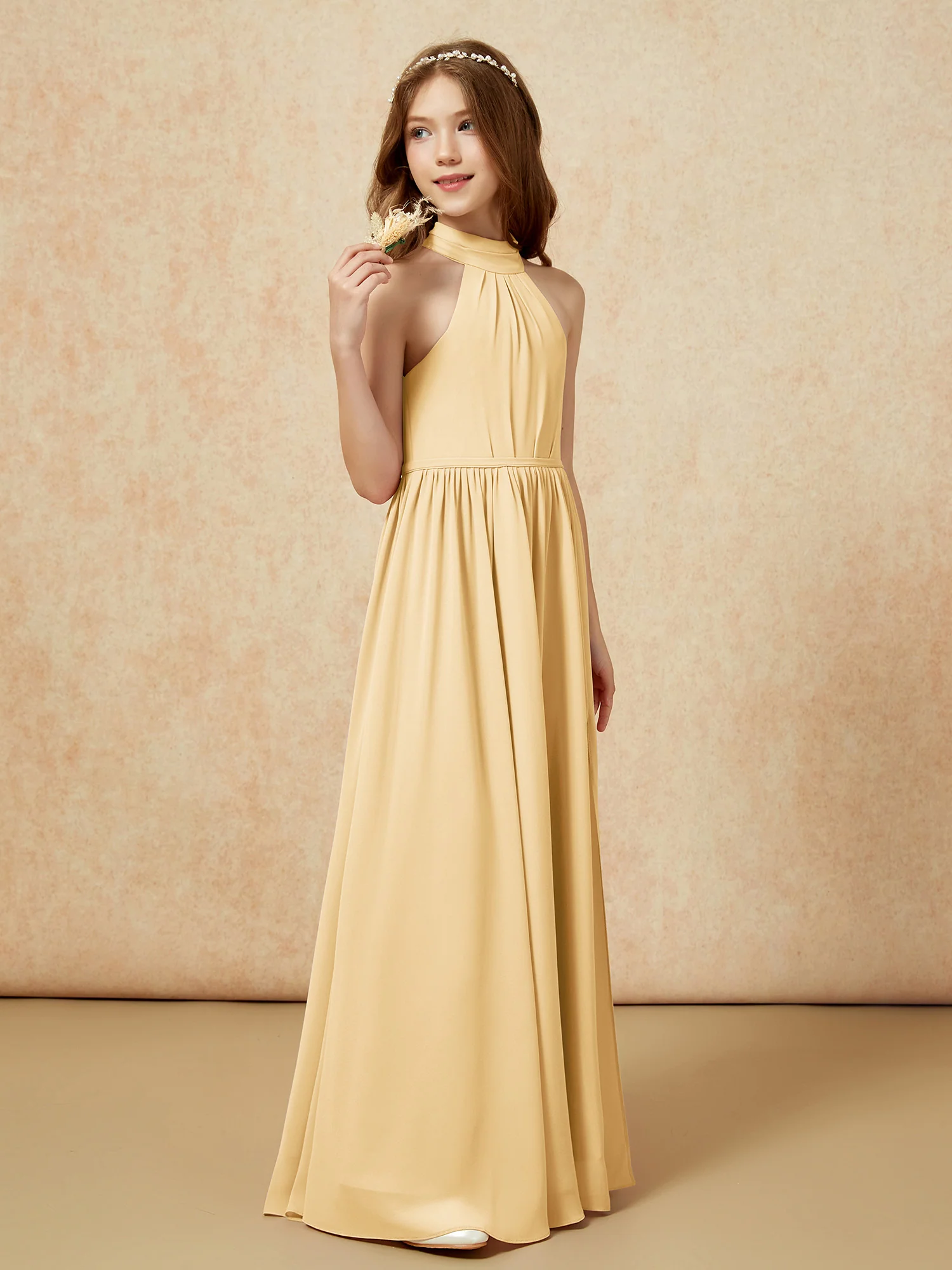 High Neck Long Junior Bridesmaid Dress With Slit Gold - Image 5