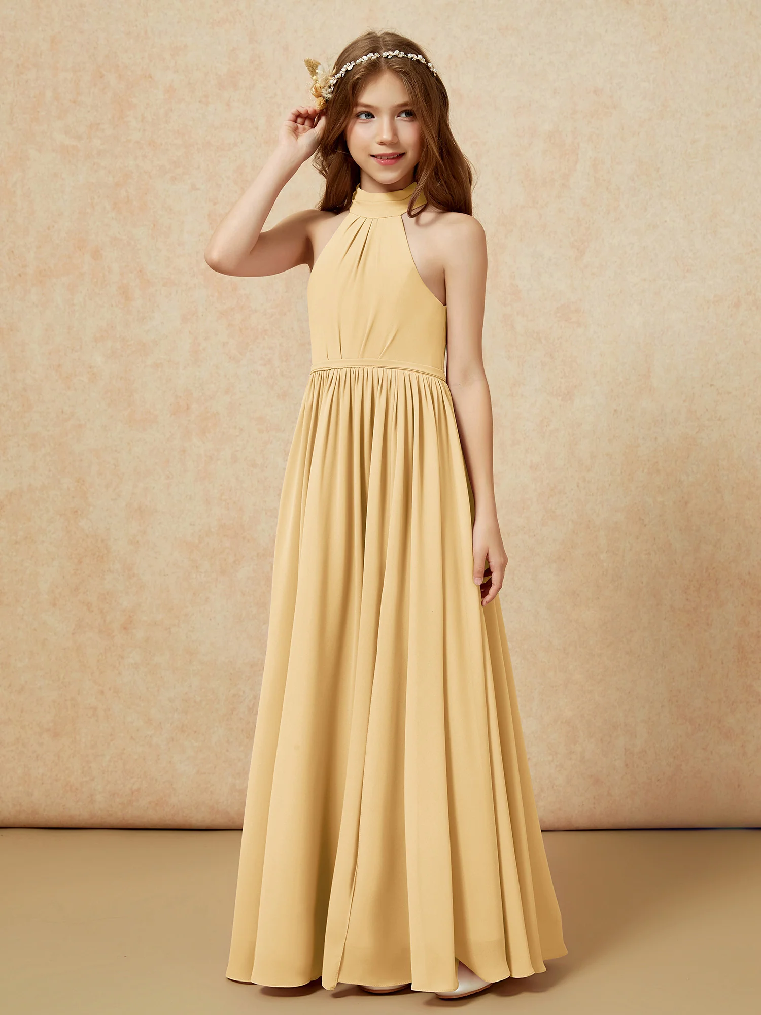 High Neck Long Junior Bridesmaid Dress With Slit Gold - Image 6