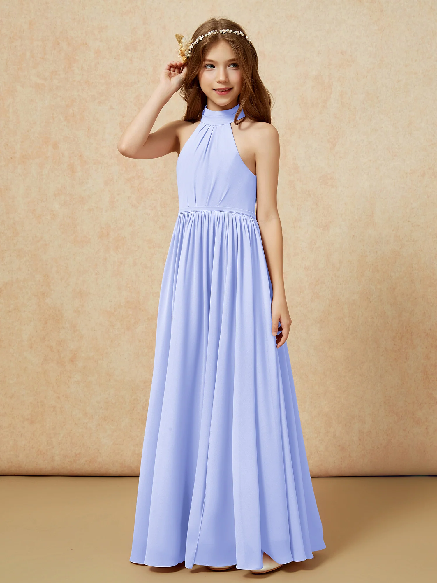 High Neck Long Junior Bridesmaid Dress With Slit Lavender - Image 6