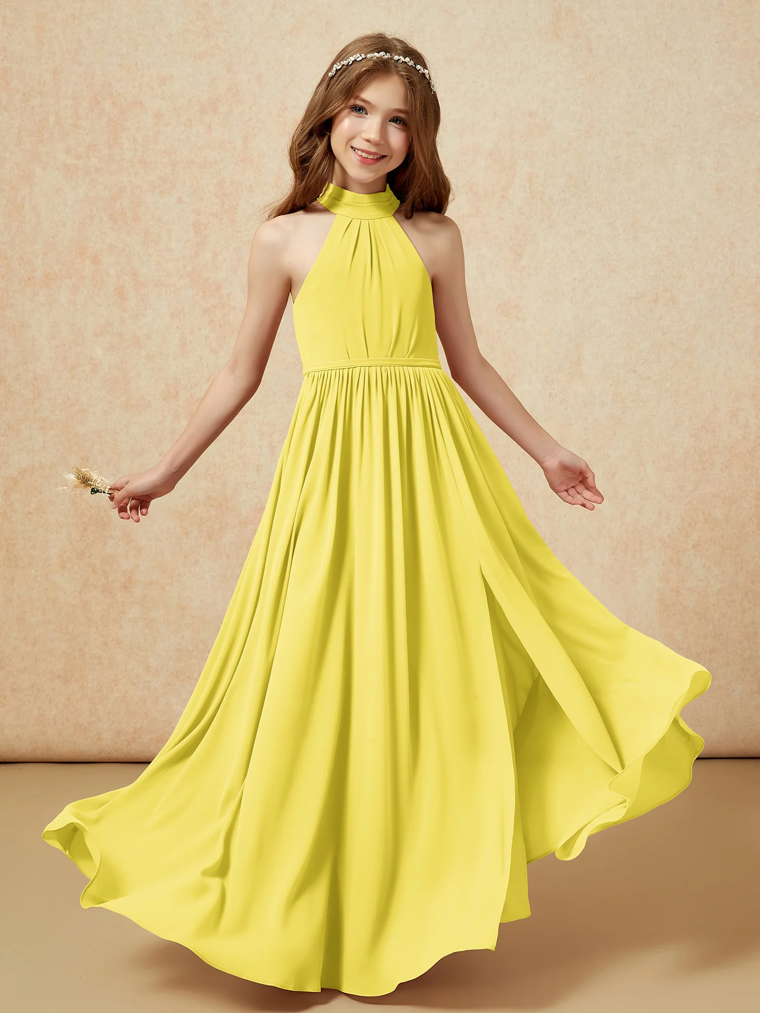 High Neck Long Junior Bridesmaid Dress With Slit Lemon - Image 4