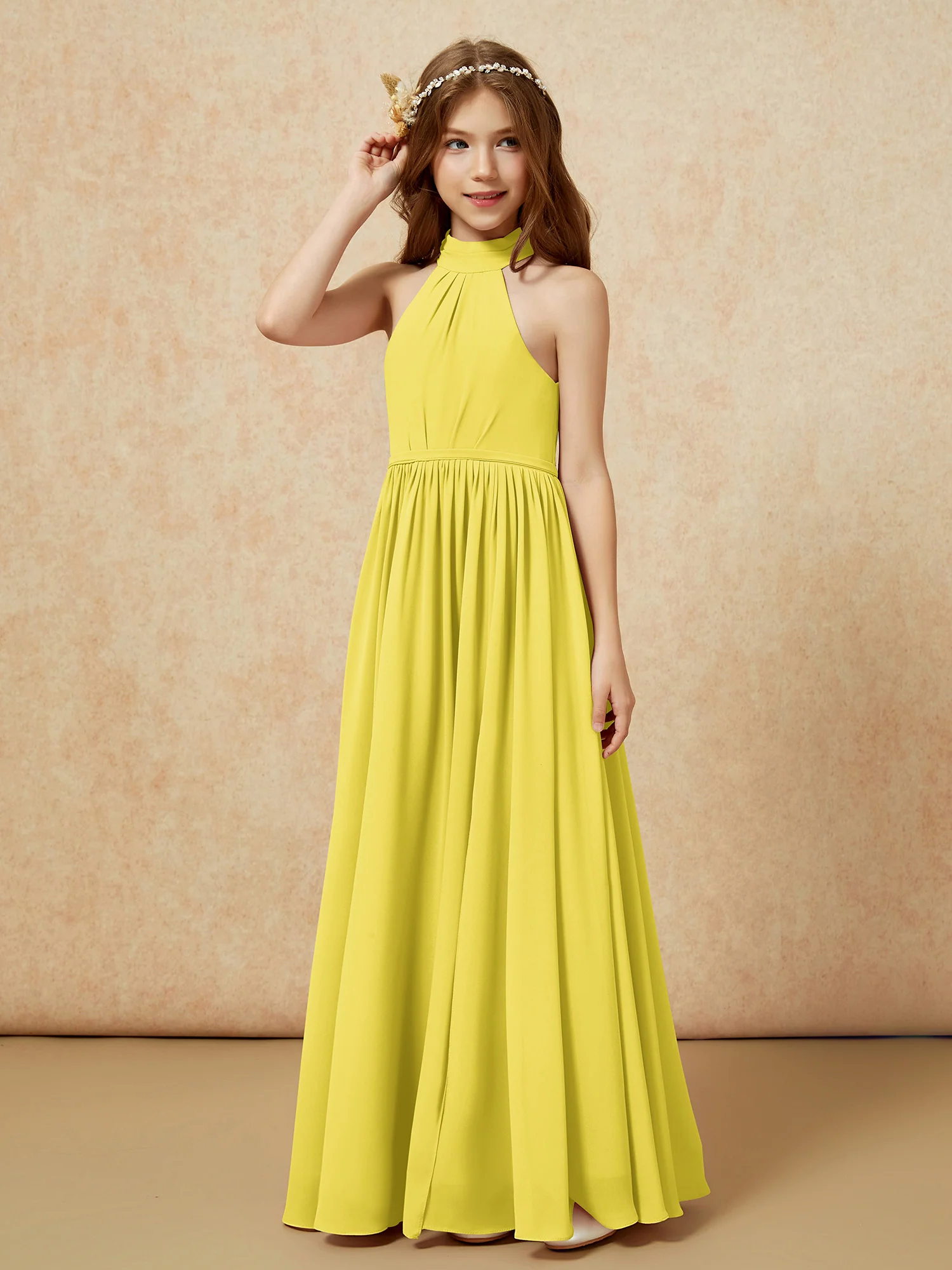 High Neck Long Junior Bridesmaid Dress With Slit Lemon - Image 6