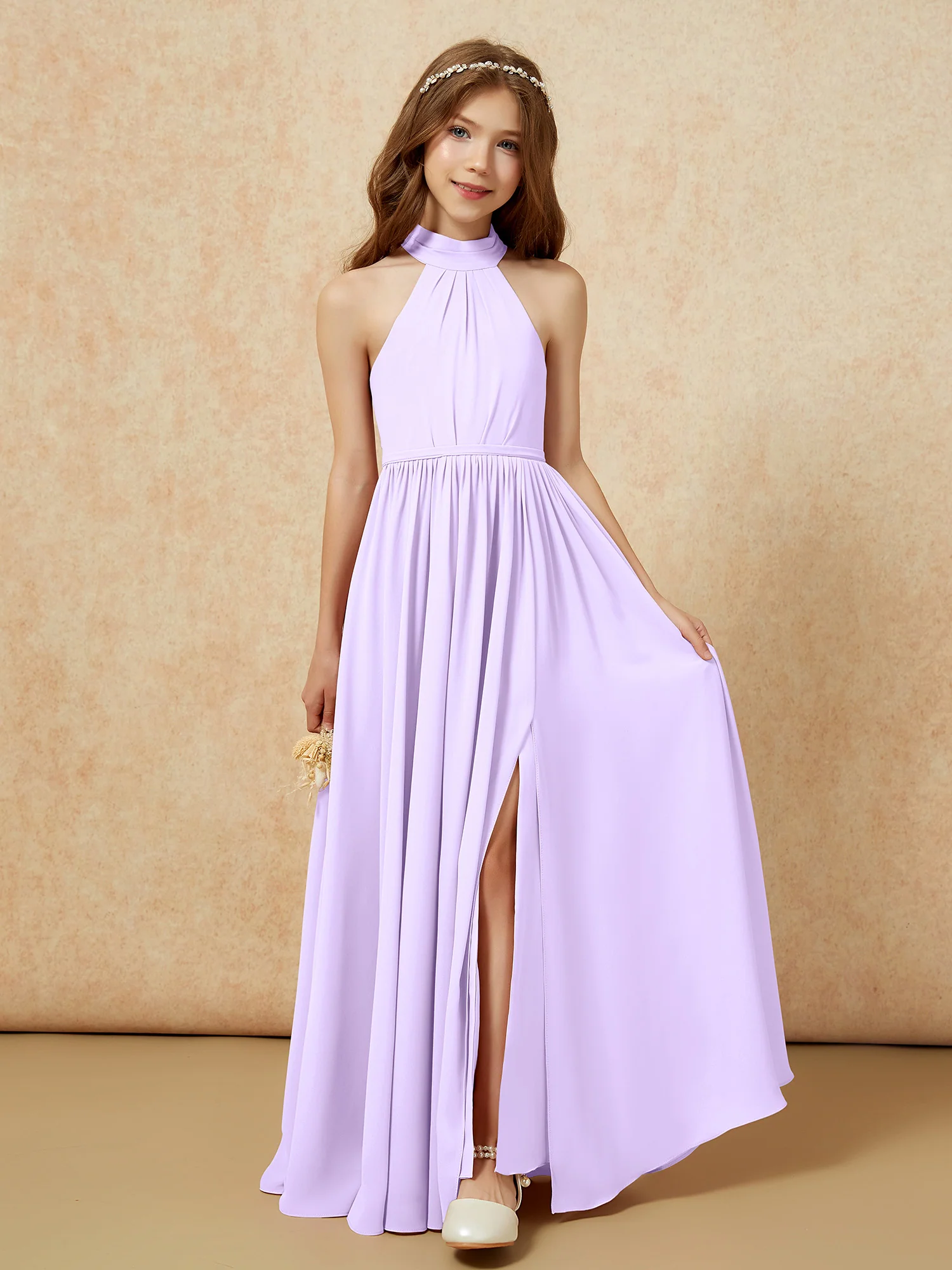 High Neck Long Junior Bridesmaid Dress With Slit Lilac