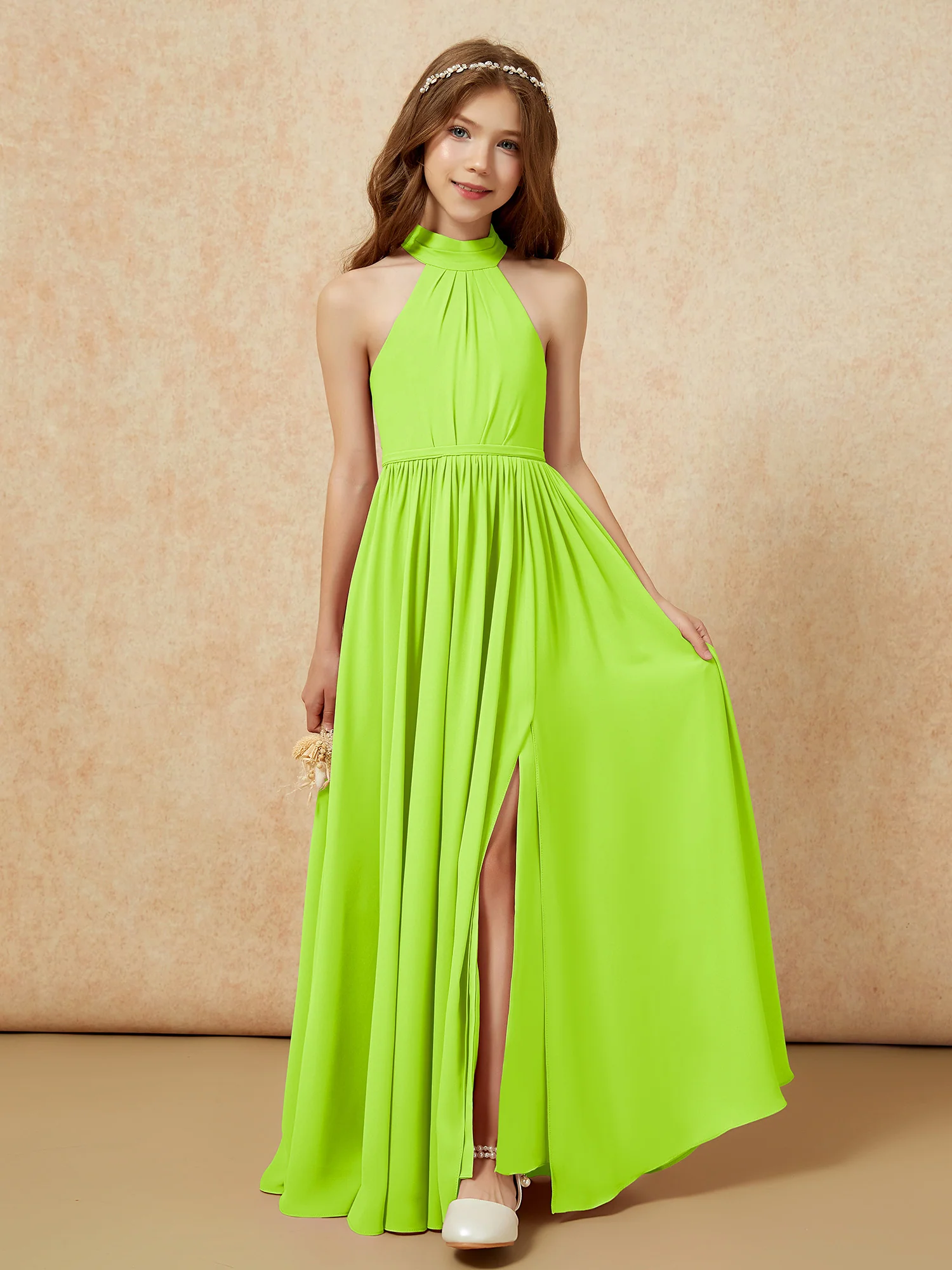 High Neck Long Junior Bridesmaid Dress With Slit Lime Green