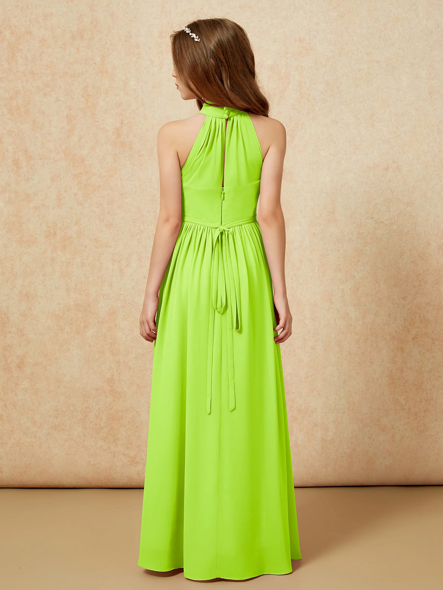 High Neck Long Junior Bridesmaid Dress With Slit Lime Green - Image 2