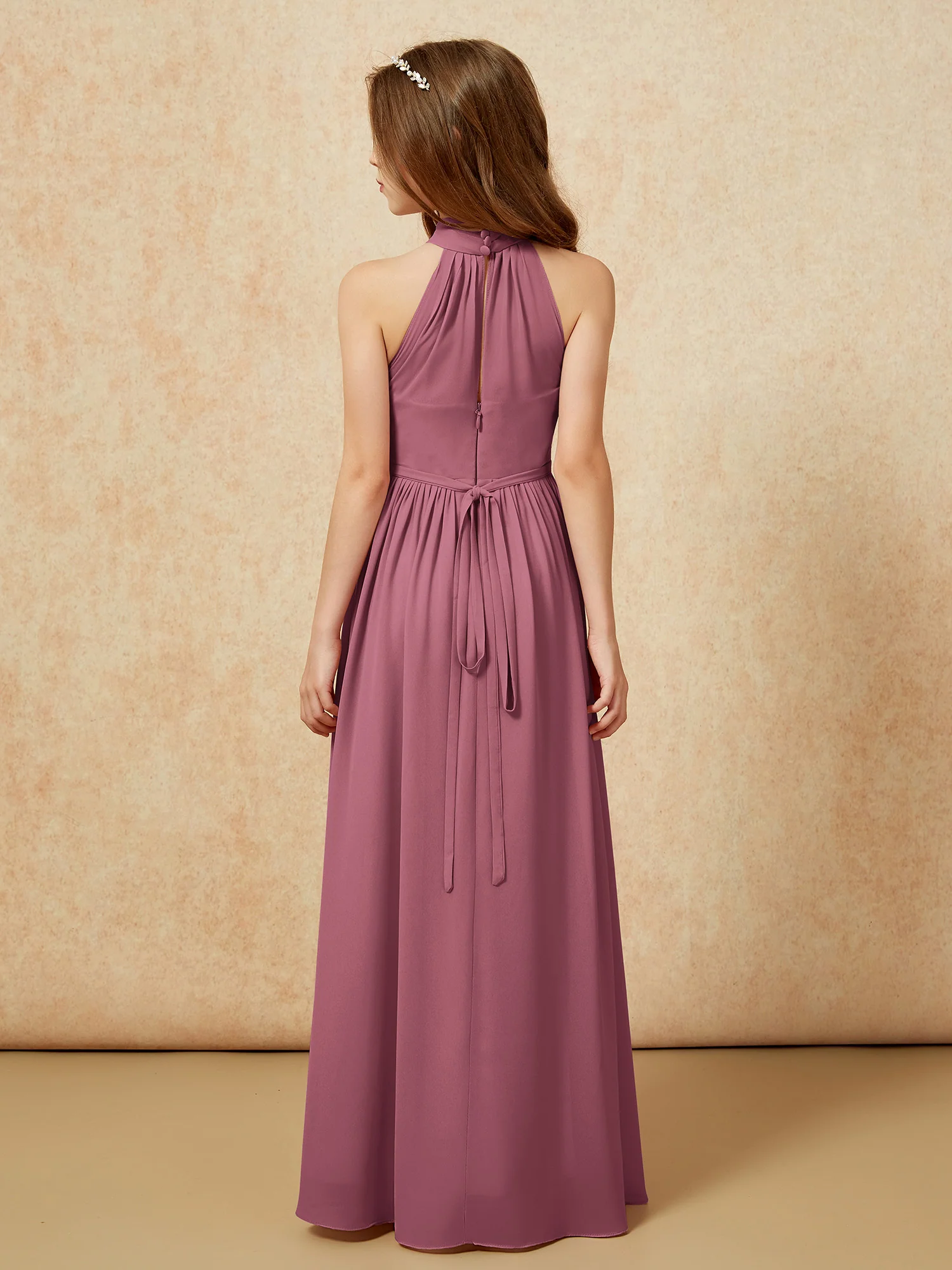 High Neck Long Junior Bridesmaid Dress With Slit Mulberry - Image 2