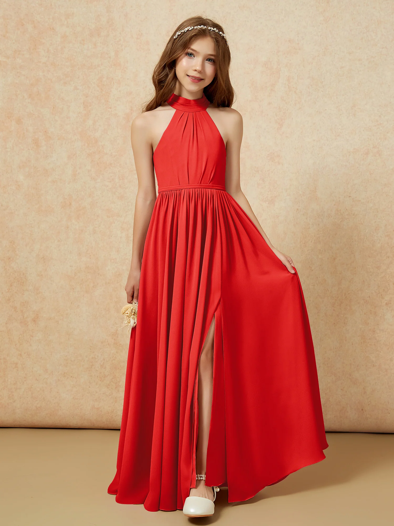 High Neck Long Junior Bridesmaid Dress With Slit Red