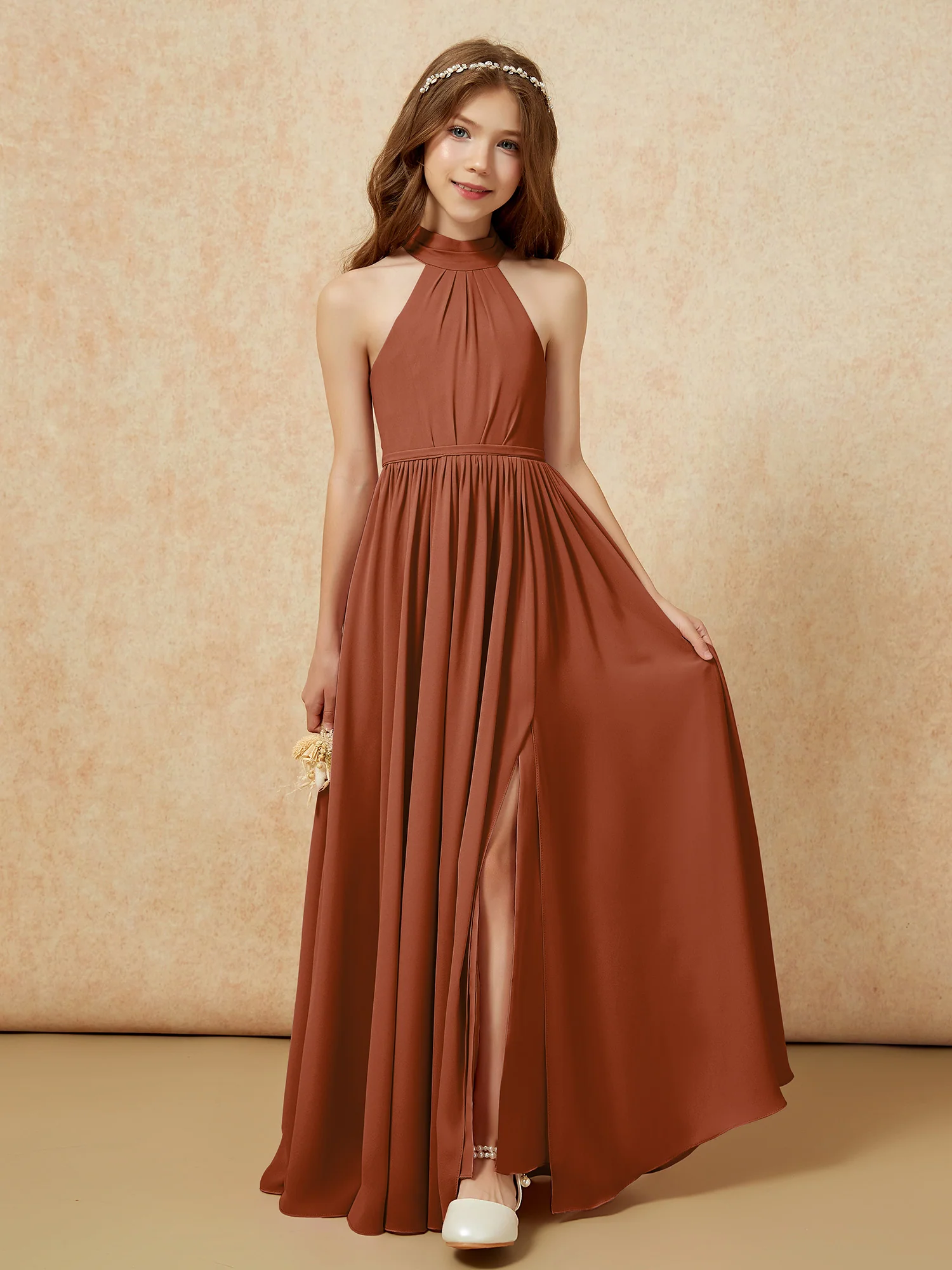 High Neck Long Junior Bridesmaid Dress With Slit Terracotta