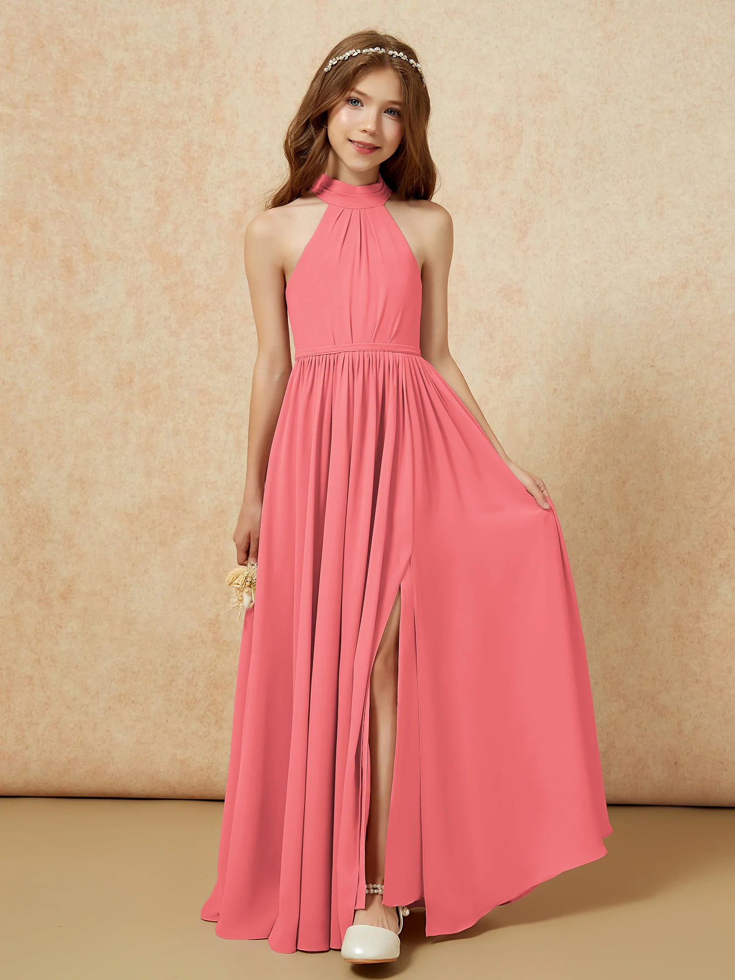 High Neck Long Junior Bridesmaid Dress With Slit Watermelon