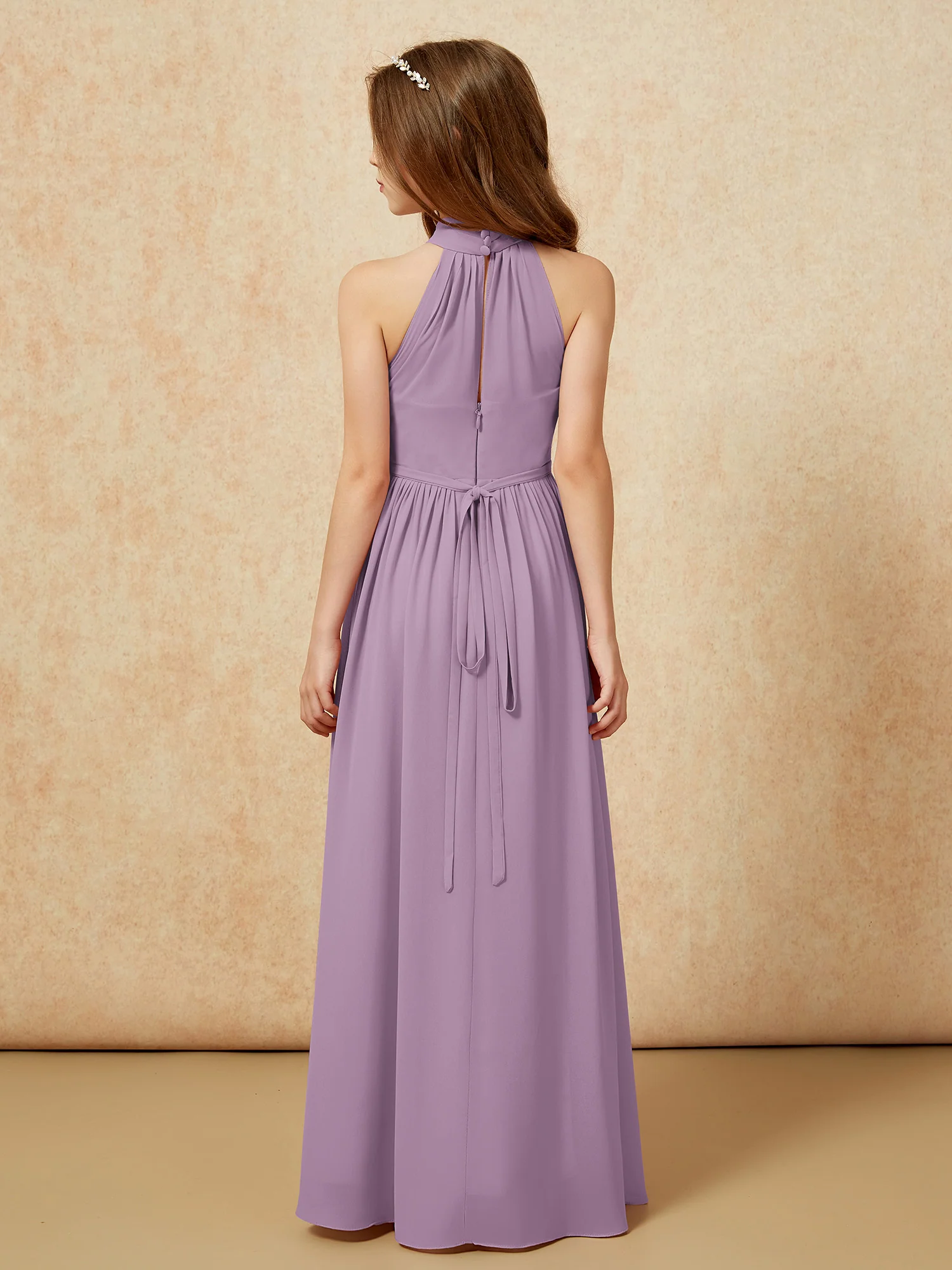 High Neck Long Junior Bridesmaid Dress With Slit Wisteria - Image 2