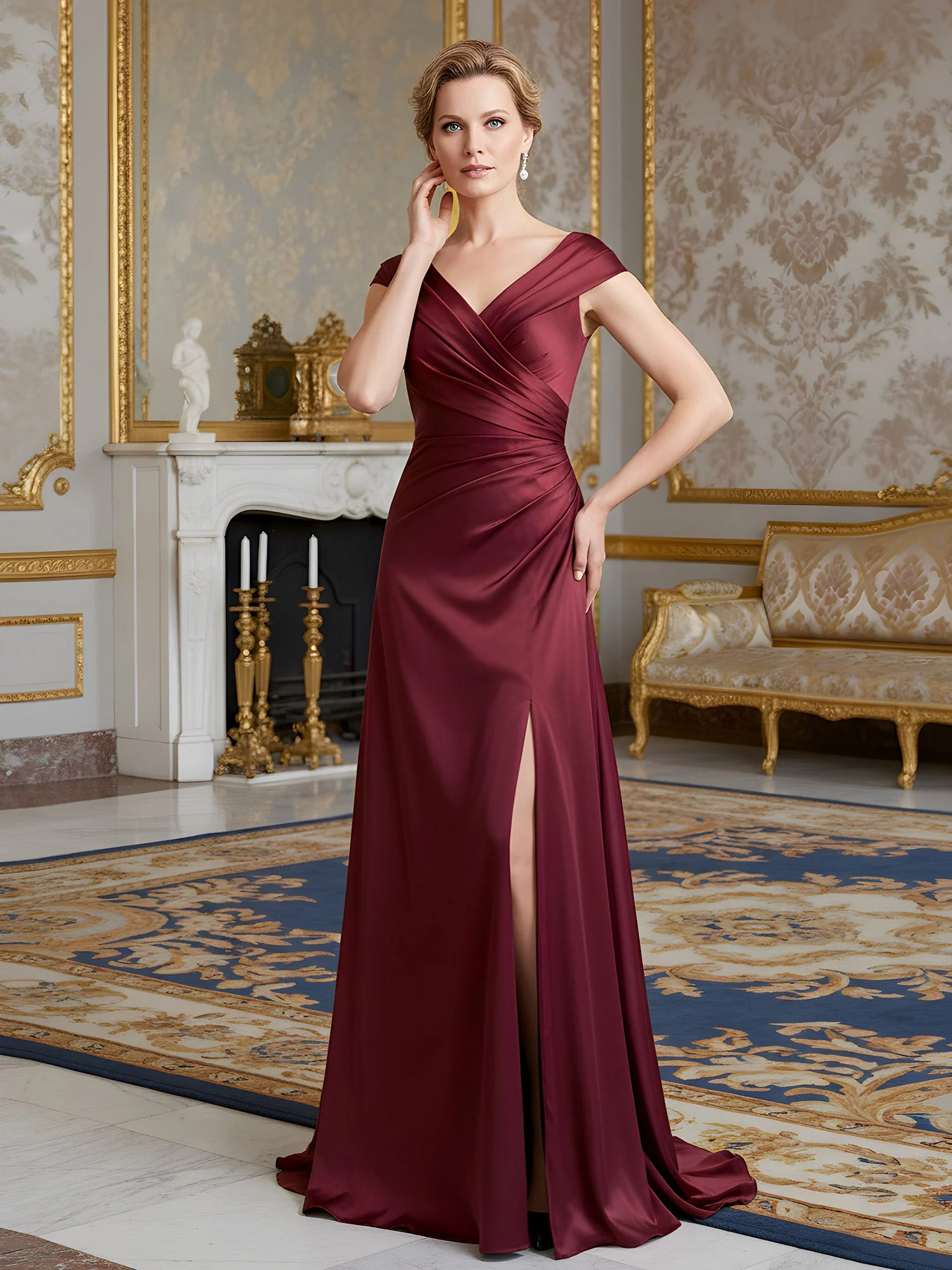Cap Sleeve Column Gown with Draped V-Neck and Thigh Slit Pearl Pink