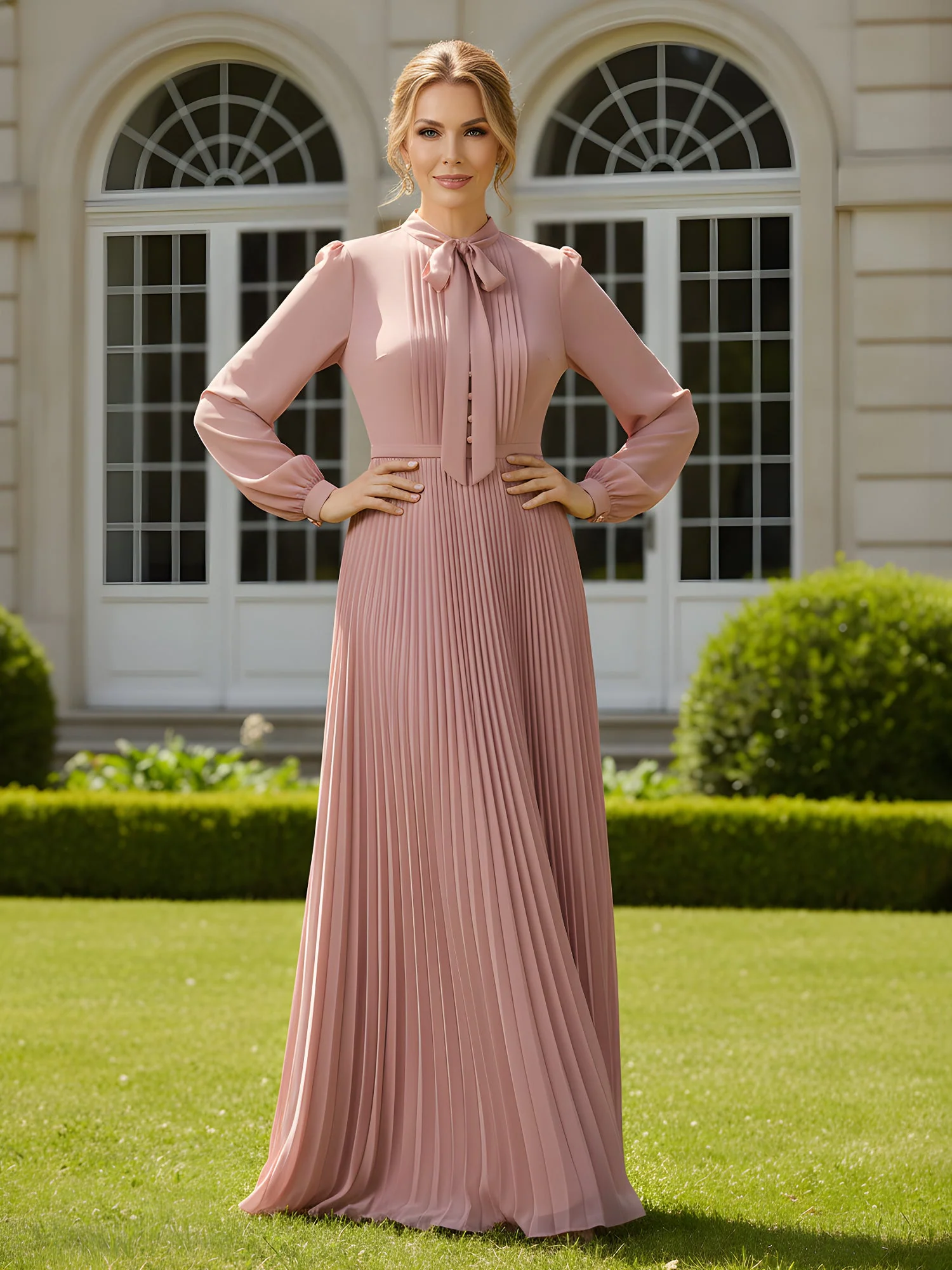 Chiffon Pleated Maxi Dress with Pussy Bow Neck Tie Marigold