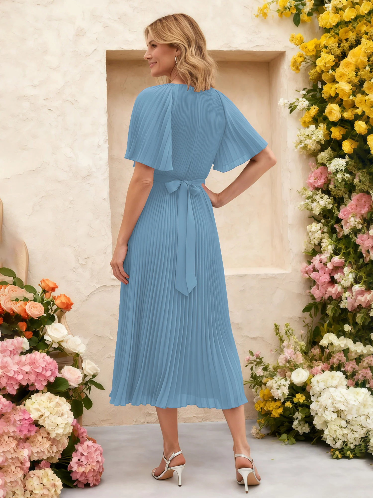 Chiffon Pleated Midi Dress with Floral Waist Detail Blue - Image 2