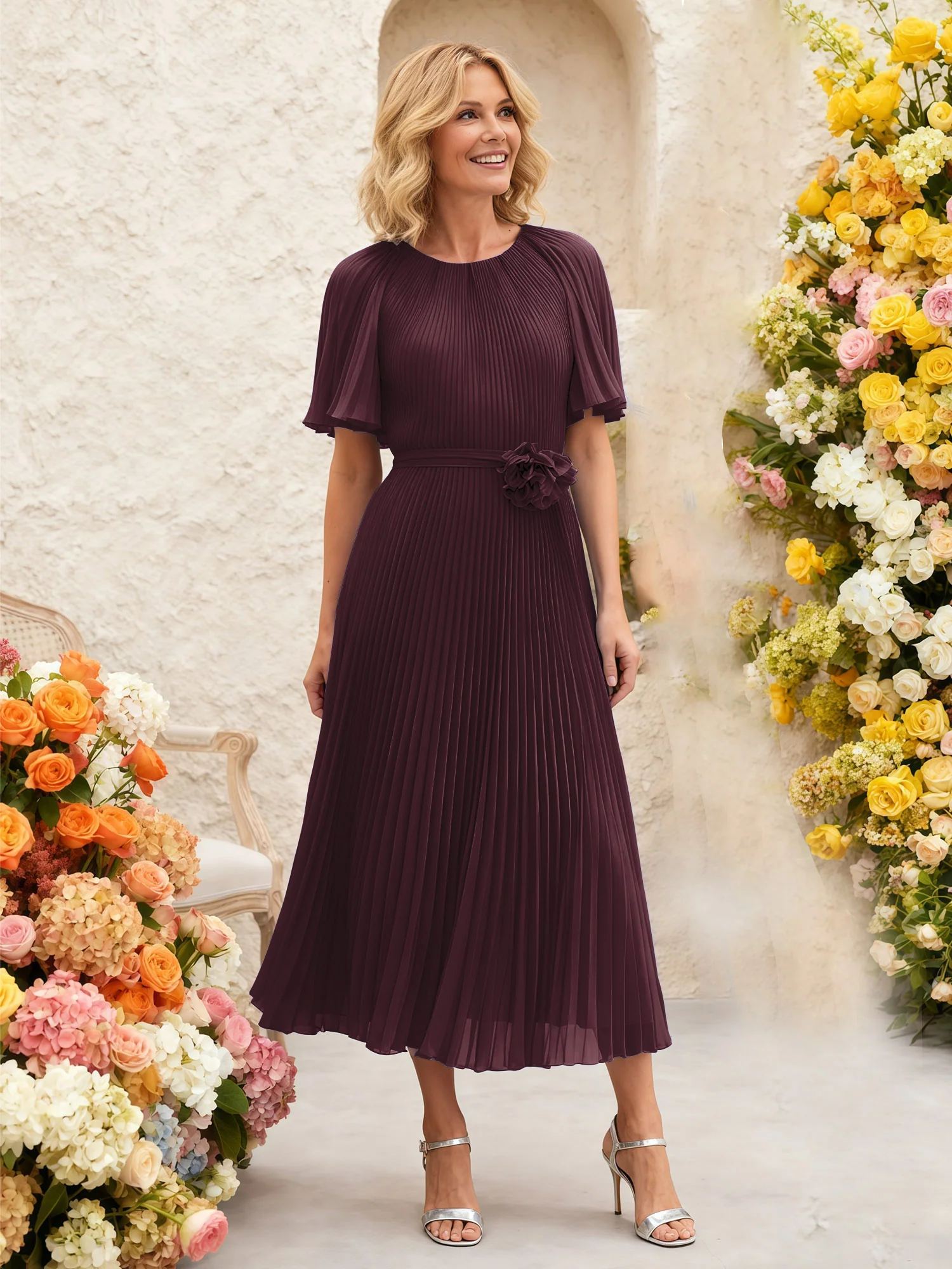 Chiffon Pleated Midi Dress with Floral Waist Detail Cabernet