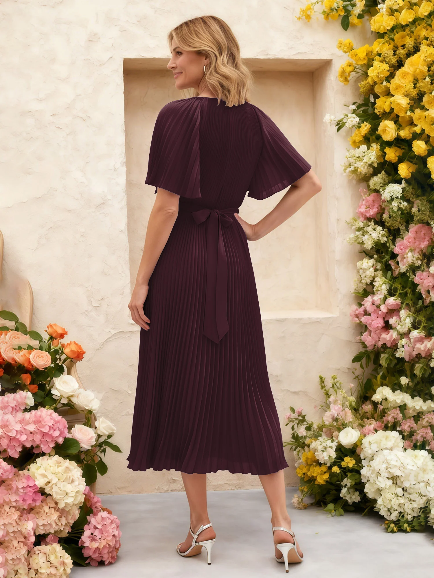 Chiffon Pleated Midi Dress with Floral Waist Detail Cabernet - Image 2