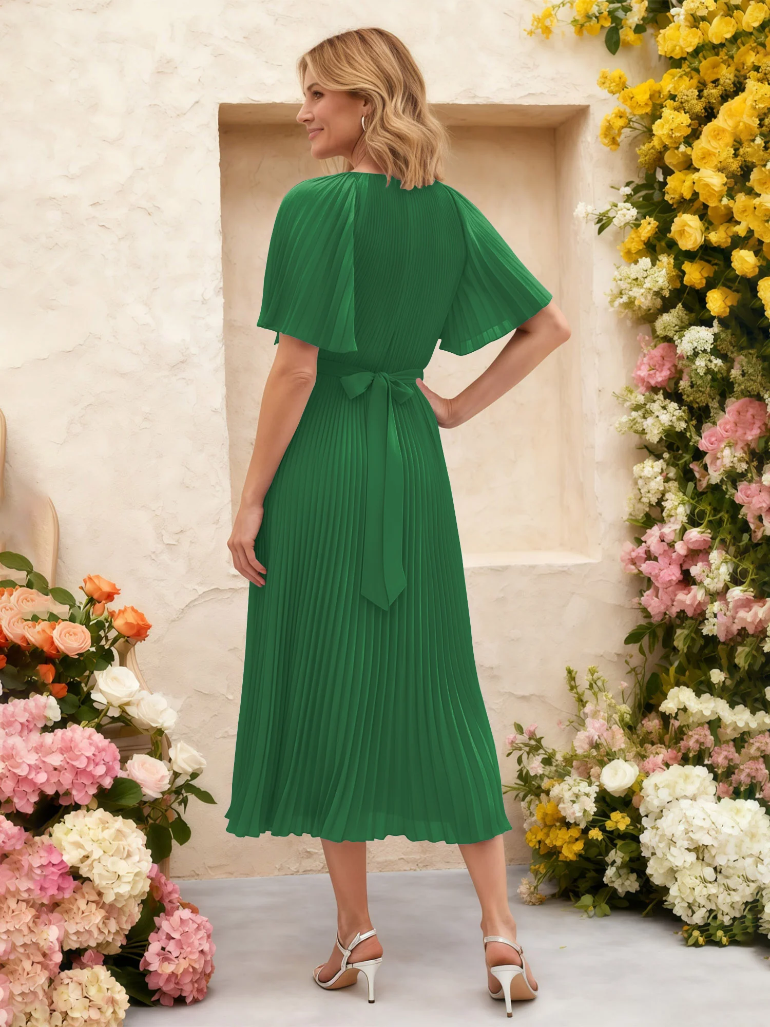 Chiffon Pleated Midi Dress with Floral Waist Detail Emerald - Image 2