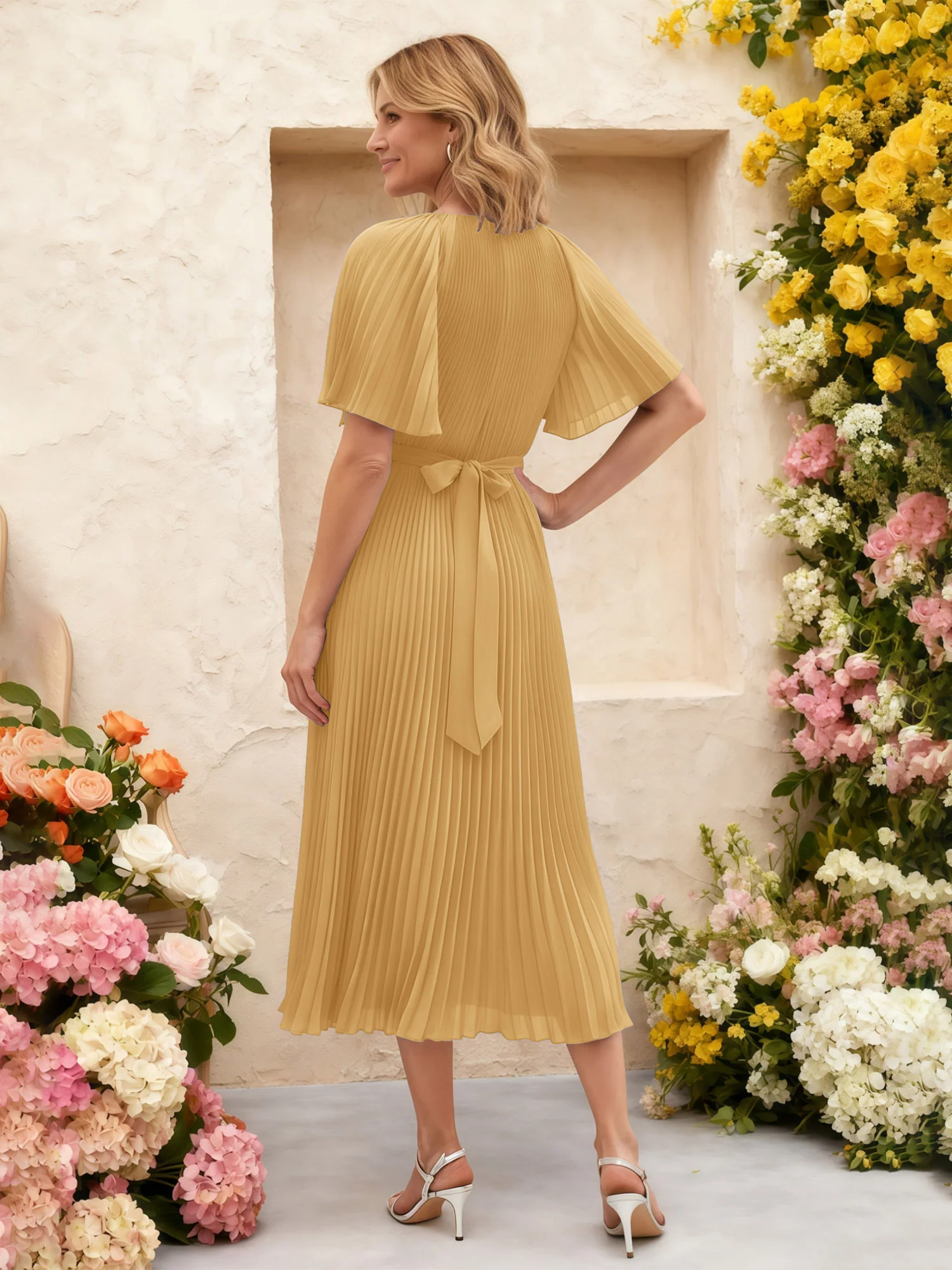 Chiffon Pleated Midi Dress with Floral Waist Detail Gold - Image 2