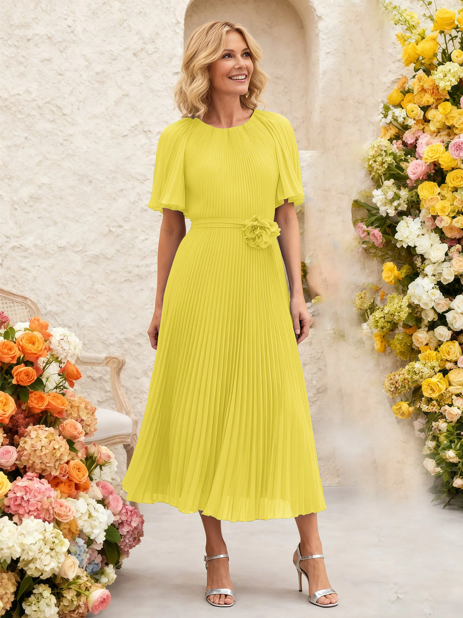 Chiffon Pleated Midi Dress with Floral Waist Detail Lemon