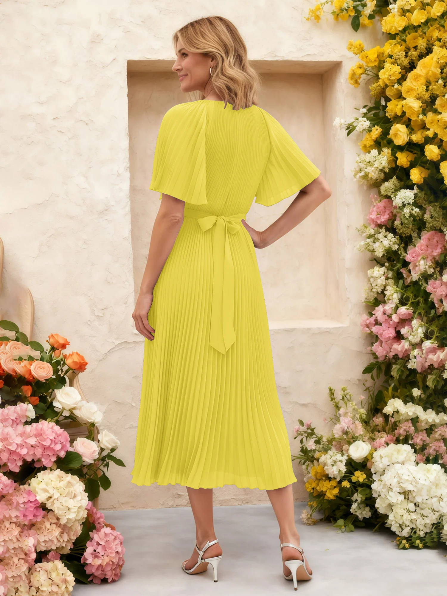 Chiffon Pleated Midi Dress with Floral Waist Detail Lemon - Image 2