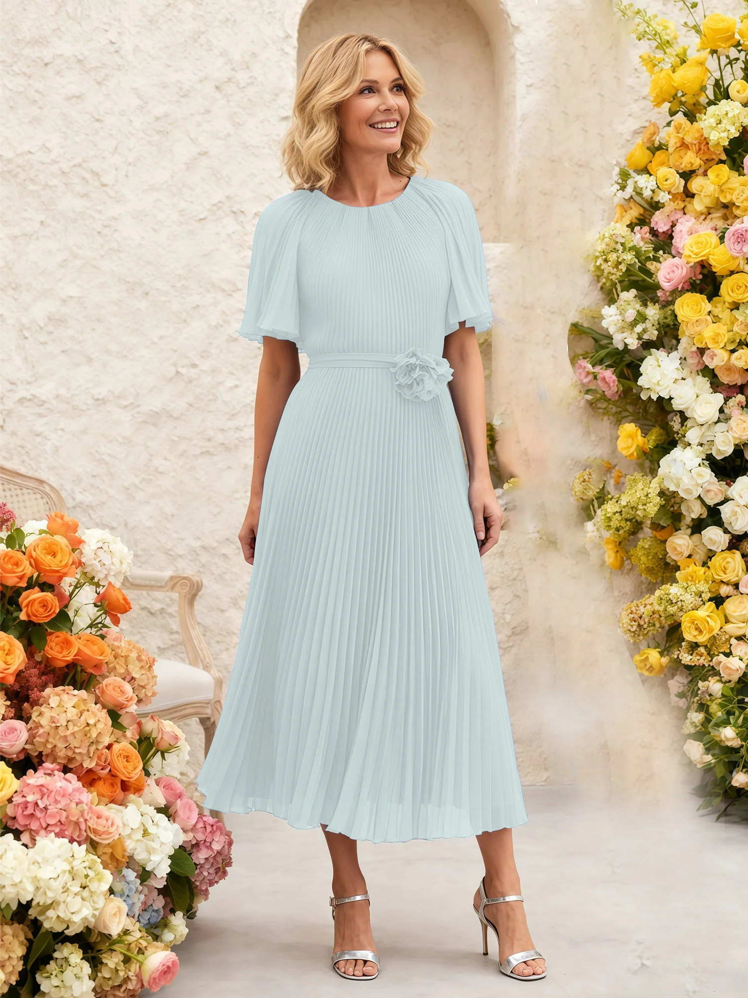 Chiffon Pleated Midi Dress with Floral Waist Detail Mist